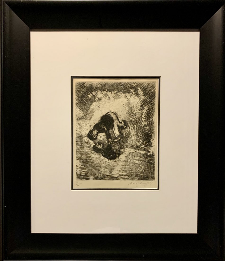 Marc Chagall, Hand Signed and Numbered Etching: Marc Chagall (1887-1985), Hand signed and numbered etching, pencil signed lower right, edition 47/100. From "La Fable de la Fontaine" series, sheet: approximately 16 x 13 in, overall with frame: 29 x 