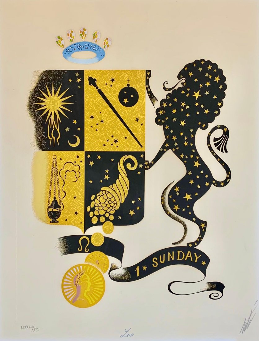Erté, hand signed and numbered lithograph, "Leo": Erté (Roman de Tirtoff) 1892-1990. Hand signed and numbered original lithograph, titled "Leo." Year 1982. Numbered LXXXVIII/XC, hand signed in pencil bottom right. Publisher: Chromacomp Inc, "The Zod