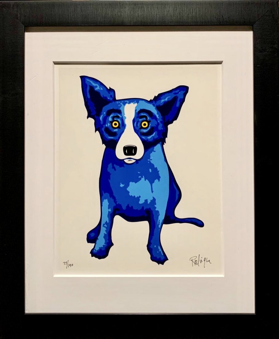 George "Blue Dog" Rodrigue, Signed, numbered serigraph: George "Blue Dog" Rodrigue (1944-2013) Original Serigraph on paper, Hand signed and numbered, limited edition of 190. Title "Purity of Soul", sheet 15 x 12 in, framed size 23 x 20 inches. From 2005. S