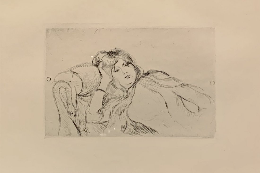Berthe Morisot, Original etching, 1910: Berthe Morisot (1841 - 1895) Original etching, "Jeune Fille Etendue." Created in 1889, printed in 1910 by Theodore Duret. Berthe Morisot was Manet's model between 1869 - 1874 and was one the original