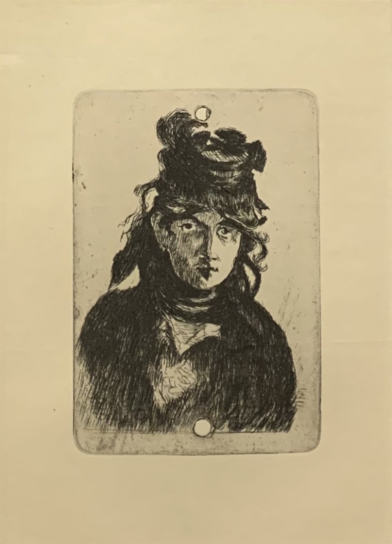 Edouard Manet, Original etching, "Berthe Morisot": Edouard Manet (1832-1883) Original etching, "Portrait of Berthe Morisot." Created in 1872, printed in 1910. Berthe Morisot was Manet's model between 1869 - 1874. The sheet is 9.75" x 7.5", is in excel