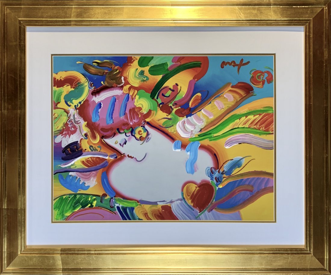 Peter Max, original mixed media, "Flower Blossom Lady": Peter Max (1937-) Original mixed Media, acrylic on lithography, "Flower Blossom Lady." 2004, signed in acrylic. Sheet 18 x 24 in. Peter Max stamp and registration number on verso. The frame is new, 30