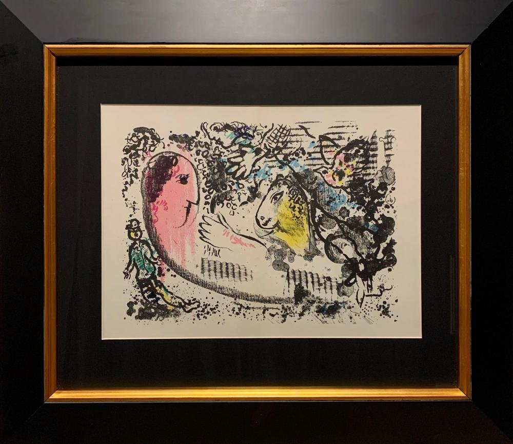 Marc Chagall, original color lithograph, 1969: Marc Chagall (1887-1985), Original color lithograph, 1969. Maeght editeur, 1969, Paris. Sheet: 15 x 22 1/8 in, Frame 26.5 x 30.25 inches. Sheet in excellent condition, the frame is new.