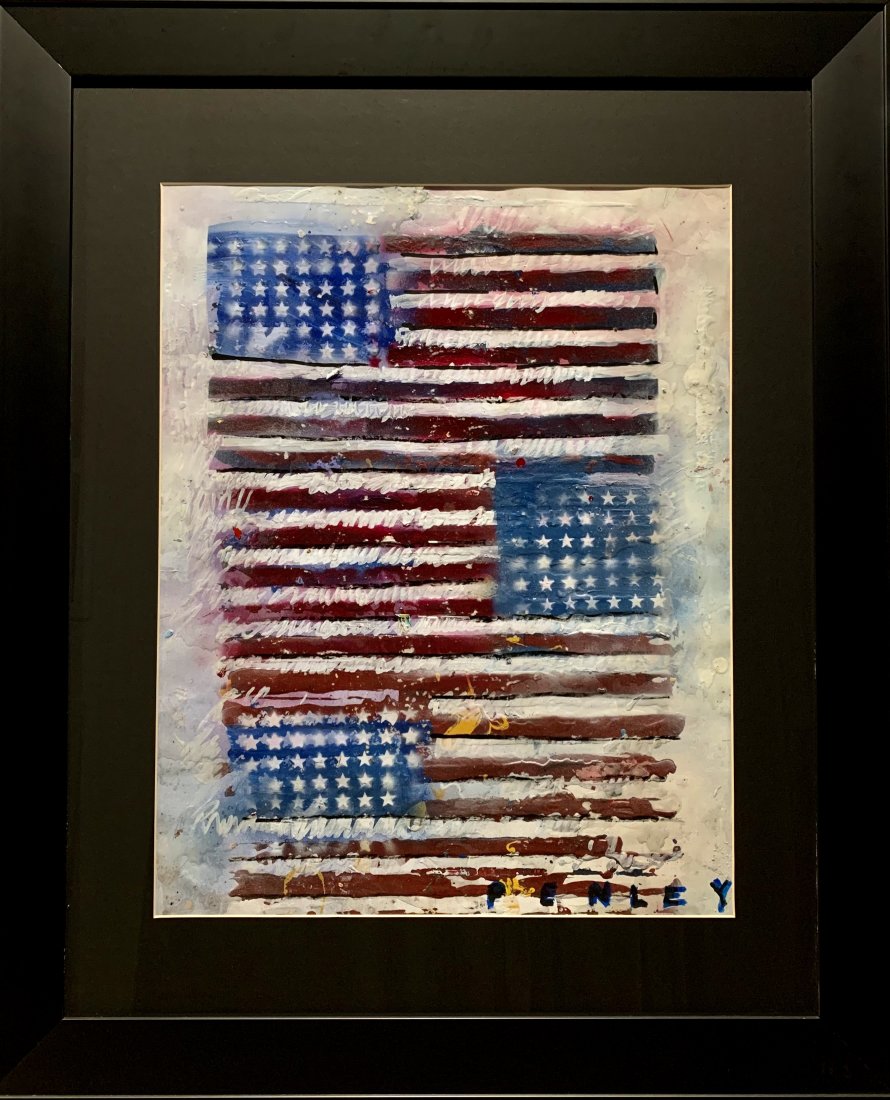 Steve Penley, original acrylic on Paper, "Flags": Steve Penley (1964-) Original acrylic painting on paper. "Flags." Sheet 24 x 19 inches, framed 34.5 x 28.5 inches. Excellent condition, frame is new.