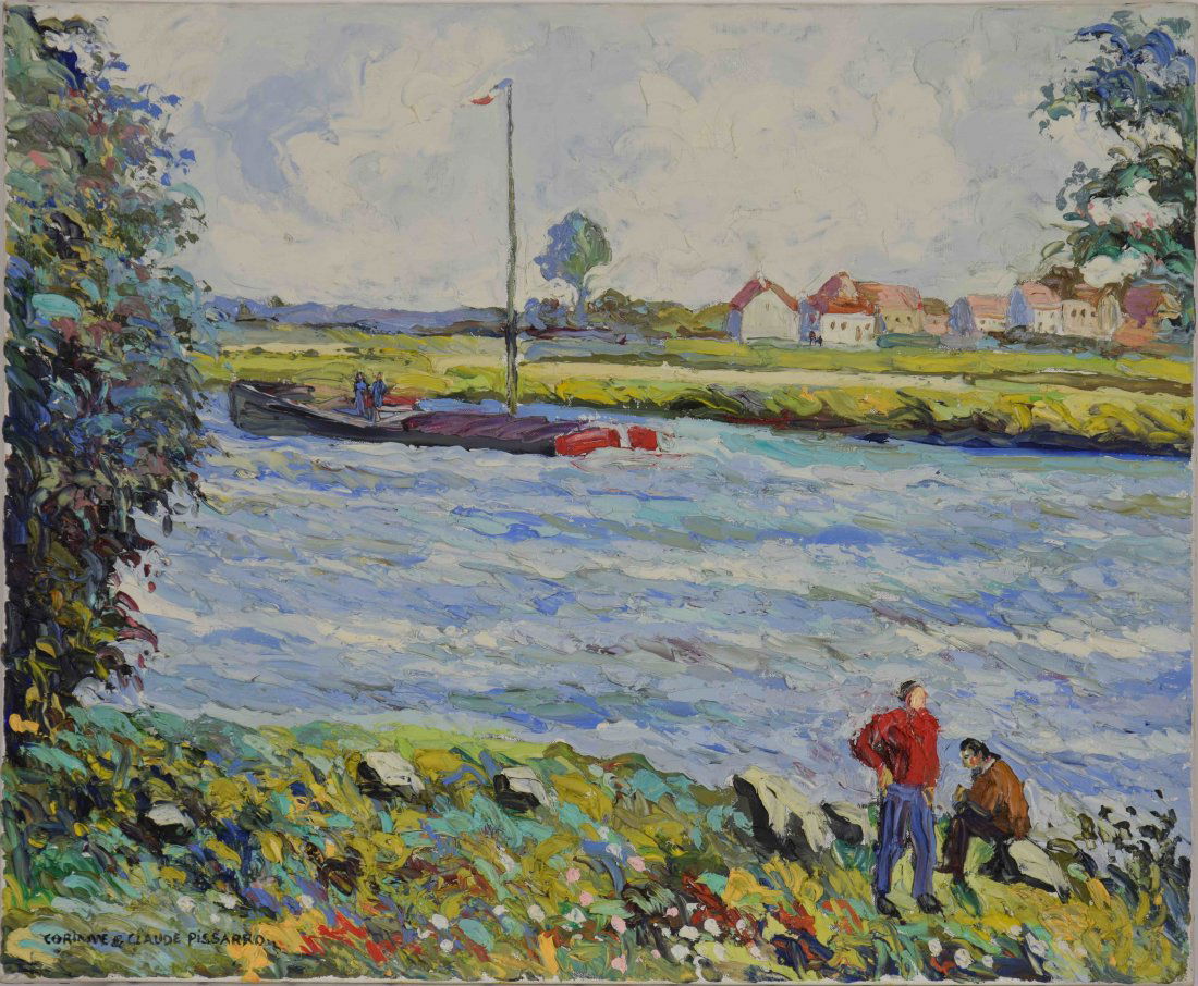 Corinne and Claude Pissarro, Original Oil on Canvas: Corinne and Claude Pissarro - Original oil on canvas. Titled: "Paul et Kim au Bord de L'Orne."Canvas size: 60.5 x 73.2 cm (23 7/8 x 28 7/8 inches). Signed lower left Corinne & Claude Pissarro.