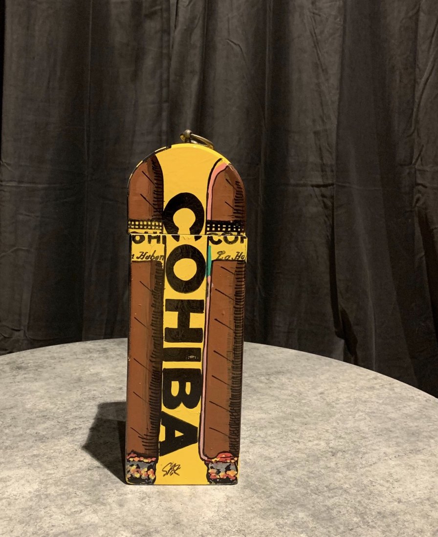Steve Kaufman, Painted Sculpture, "Cohiba": Steve Kaufman (1960-2010) Steve Kaufman, Hand Painted Sculpture, signed in acrylic, "Cohiba Wood Box" 13.5 x 4.5 x 4.5 inches