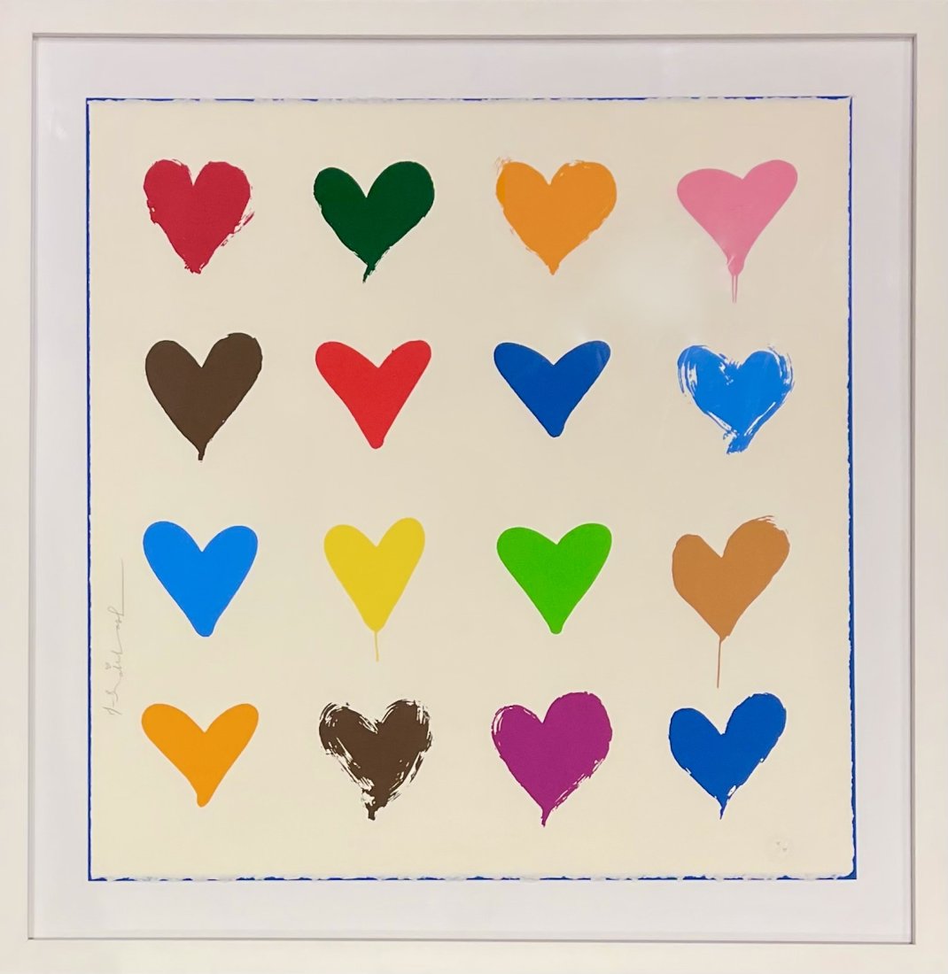 Mr. Brainwash - "All You Need is He(art)" -II (B): Mr. Brainwash (Thierry Guetta, 1966-) Original color serigraph, hand signed and numbered. Sheet 22 x 22 in, newly framed 28 x 28 inches. Hand signed in ink, blind stamp, edition 45/75. Thumb print wit