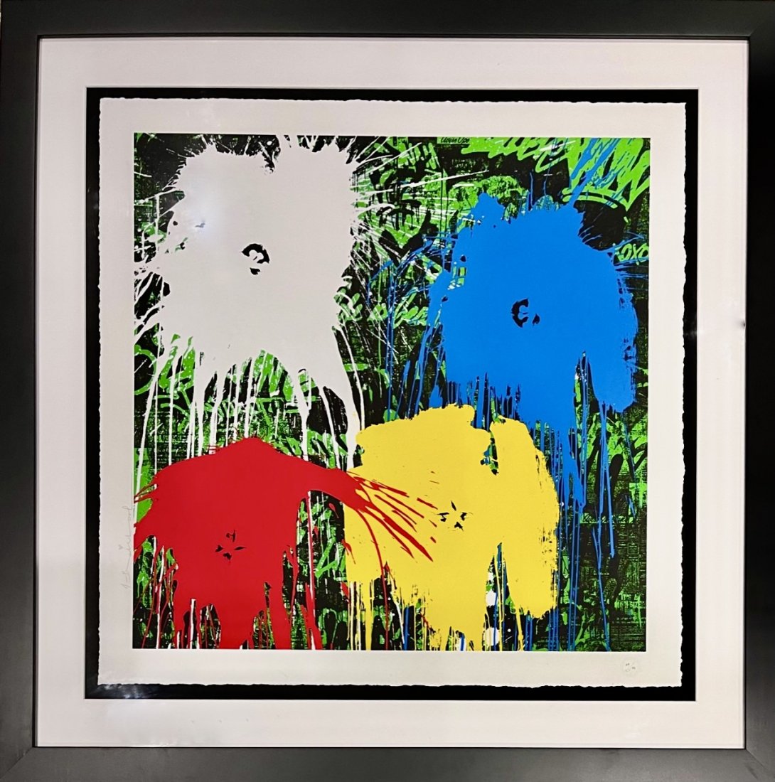 Mr. Brainwash - "All You Need is He(art)" -II (D): Mr. Brainwash (Thierry Guetta, 1966-) Original color serigraph, hand signed and numbered. Titled: "Flowarh$ - II.d." With blind stamp, and thumb print verso. Sheet 24 x 24 in, new frame 32.5 x 32.5 in