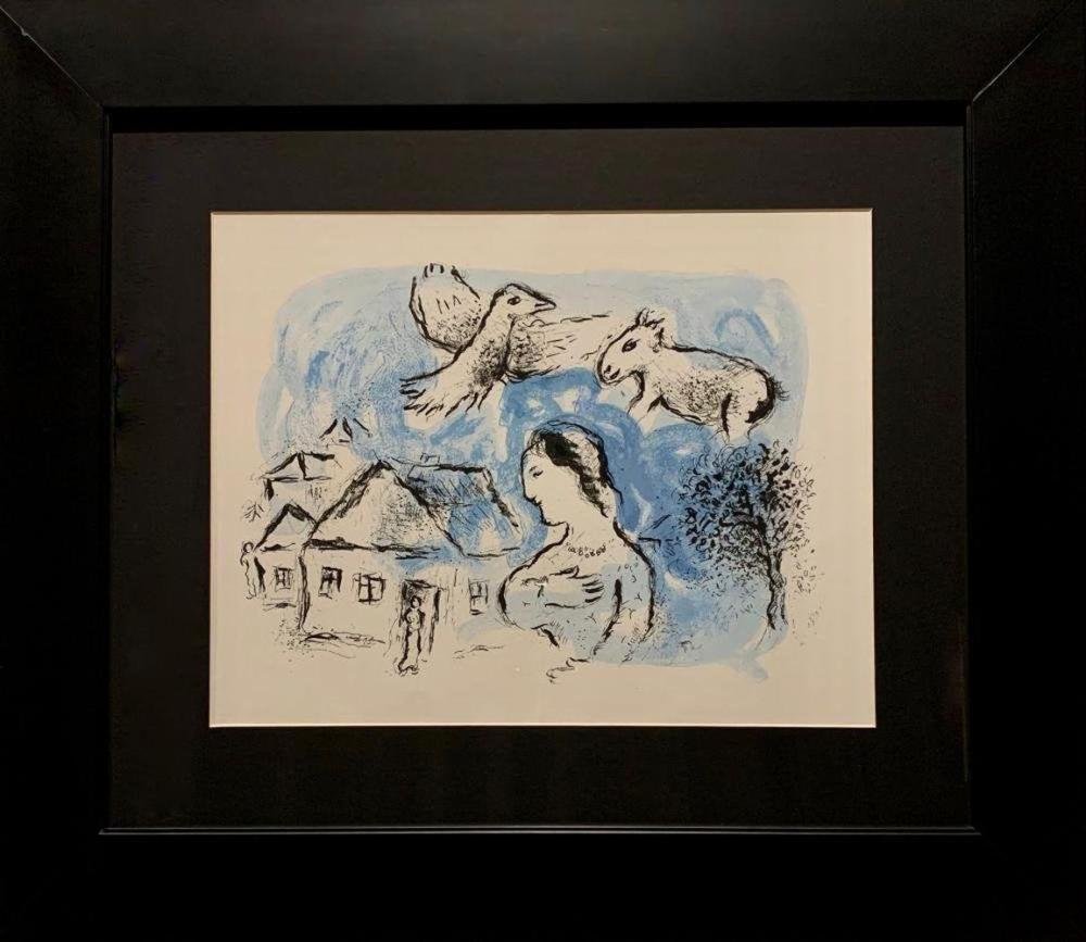 Marc Chagall, original color lithograph, 1977: Marc Chagall (1887-1985), Original color lithograph. Maeght editeur, 1977, Paris. Sheet: 15 x 22 1/8 in, Frame 26.5 x 30.25 inches. Sheet in excellent condition, frame is new.