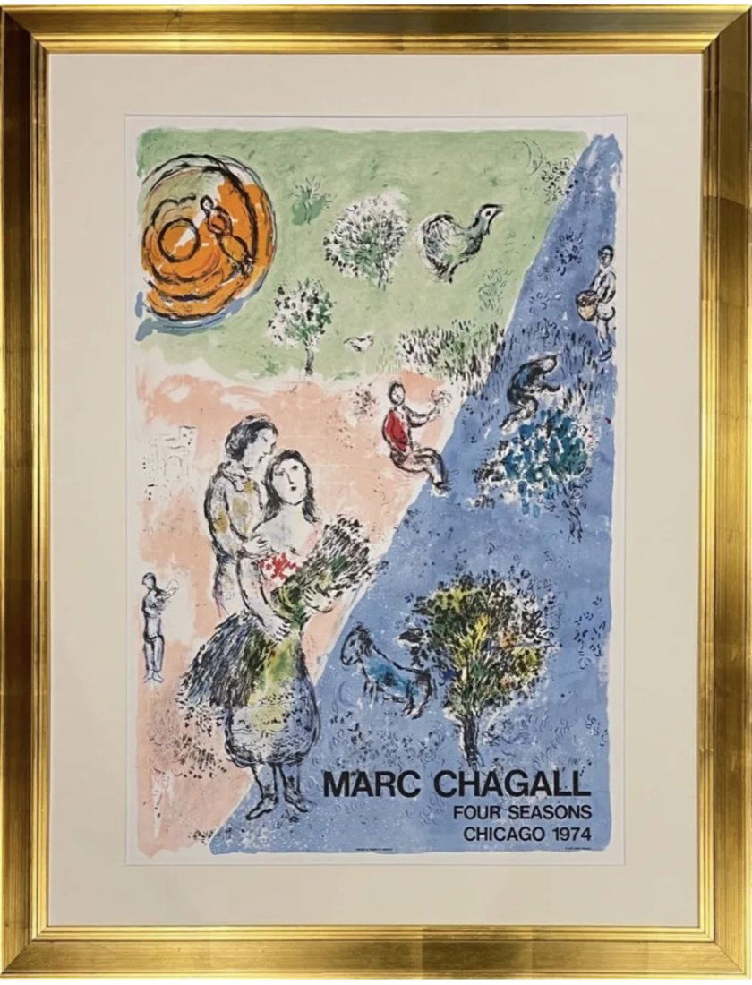 Marc Chagall Large color lithograph "Four Seasons": Marc Chagall (1887-1985) "Four Seasons Chicago 1974" Color lithograph poster on Arches Paper. Created for unveiling of a large mosaic of Chagall at the Four Seasons commissioned by the city of Chicago