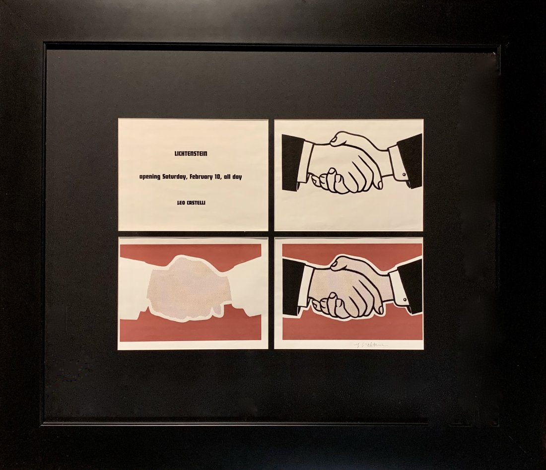 Roy Lichtenstein, "Handshake" Handsigned color lithograph: Roy Lichtenstein (1923-1997) "Handshake" Handsigned color lithograph on smooth wove paper, 1962. Sheet 17 x 22 in, framed 32 x 37 inches. Signed in pencil, lower right. Published by Leo Castelli Galle
