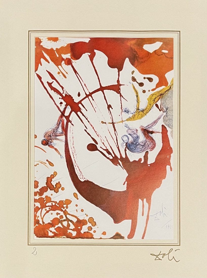Salvador Dali, lithograph, "40 Images of the Bible": Salvador Dali (1904-1989). Color lithograph from the Ars Mundi Collection titled "40 Paintings of the Bible," 1986. Signed and dated in the plate and with additional printed gold signature on the fold