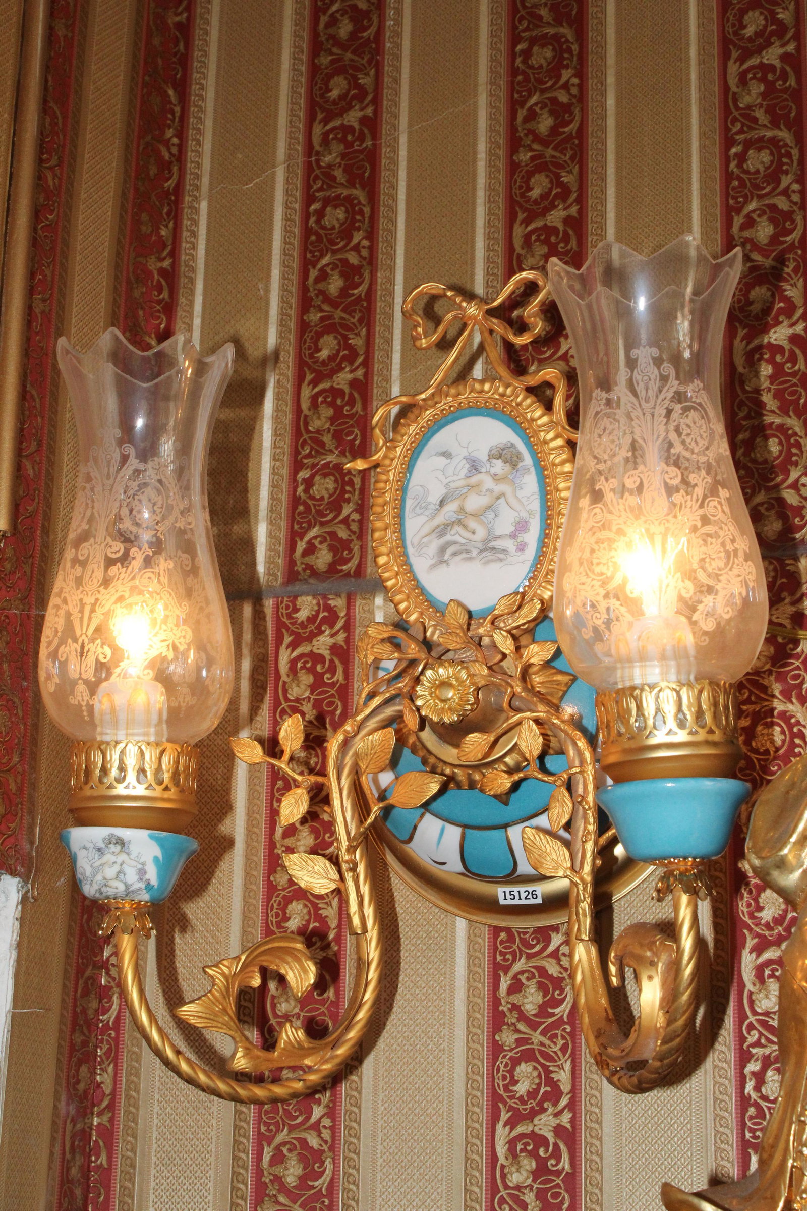 Pair of Ormolu Mounted Porcelain Wall Sconces: Pair of Ormolu Mounted Porcelain Wall Sconces with etched glass shades. From Local Estate Approximately 17 x 16 x 12 inches