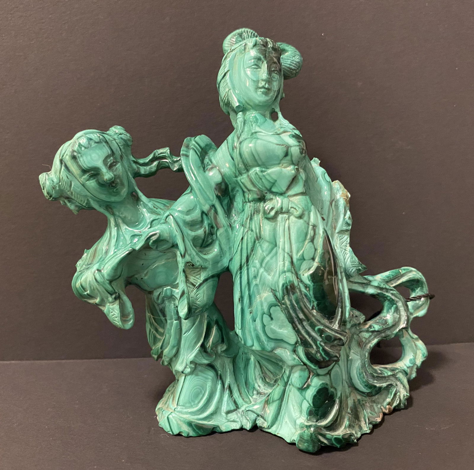Hand Carved Malachite Figurine: Figurine of a woman and her daughter. From Napa Valley Estate Approximately 5.5 x 4.5 x 1.5 inches