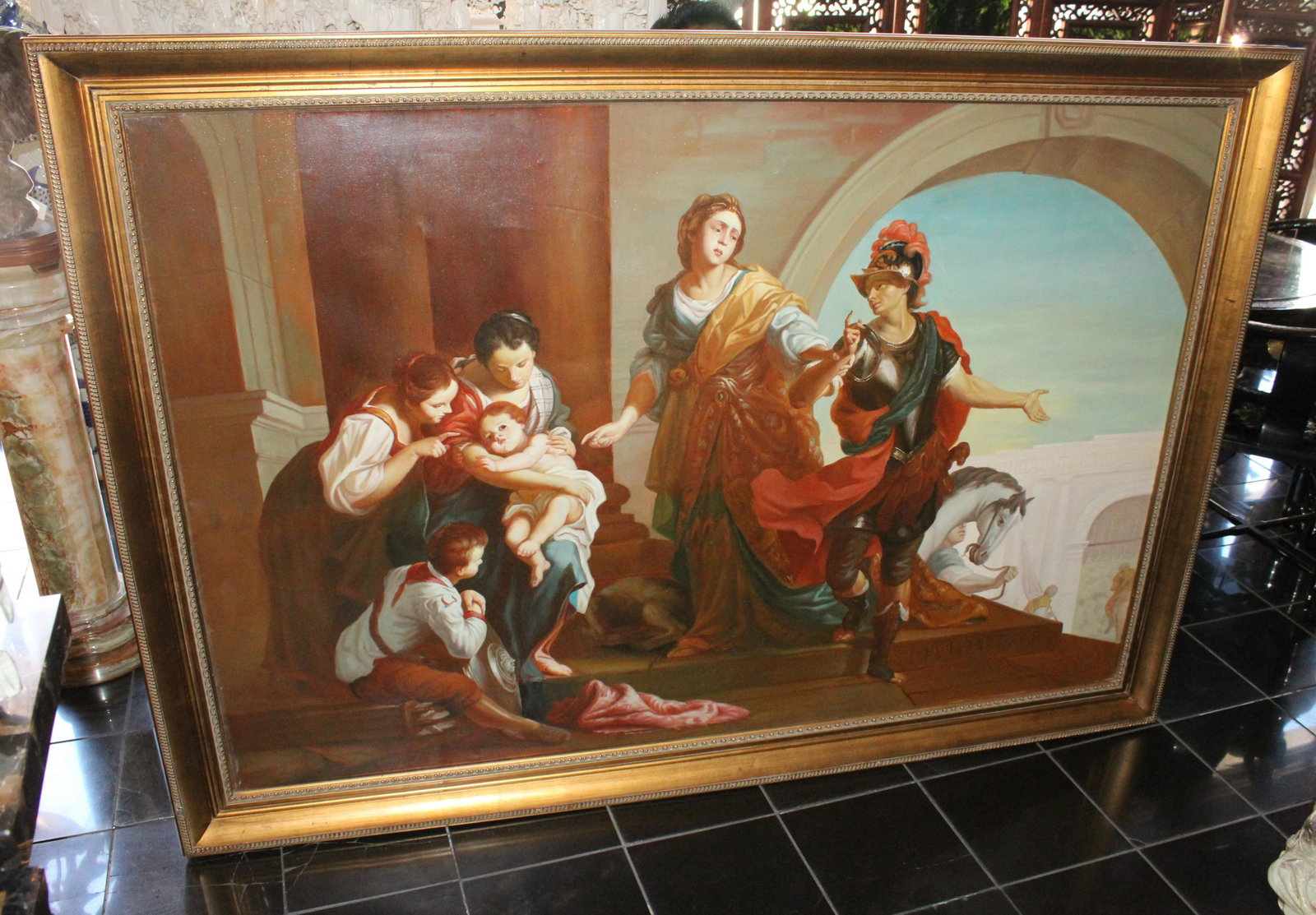 Very Large Magnificient Oil Painting "War": Oil Painting "War". Depicting five individuals; a warrior adorned in silver armor, a red cape, blue sash and with what appears to be a comb morion helmet (most commonly associated with Spanish Conquis