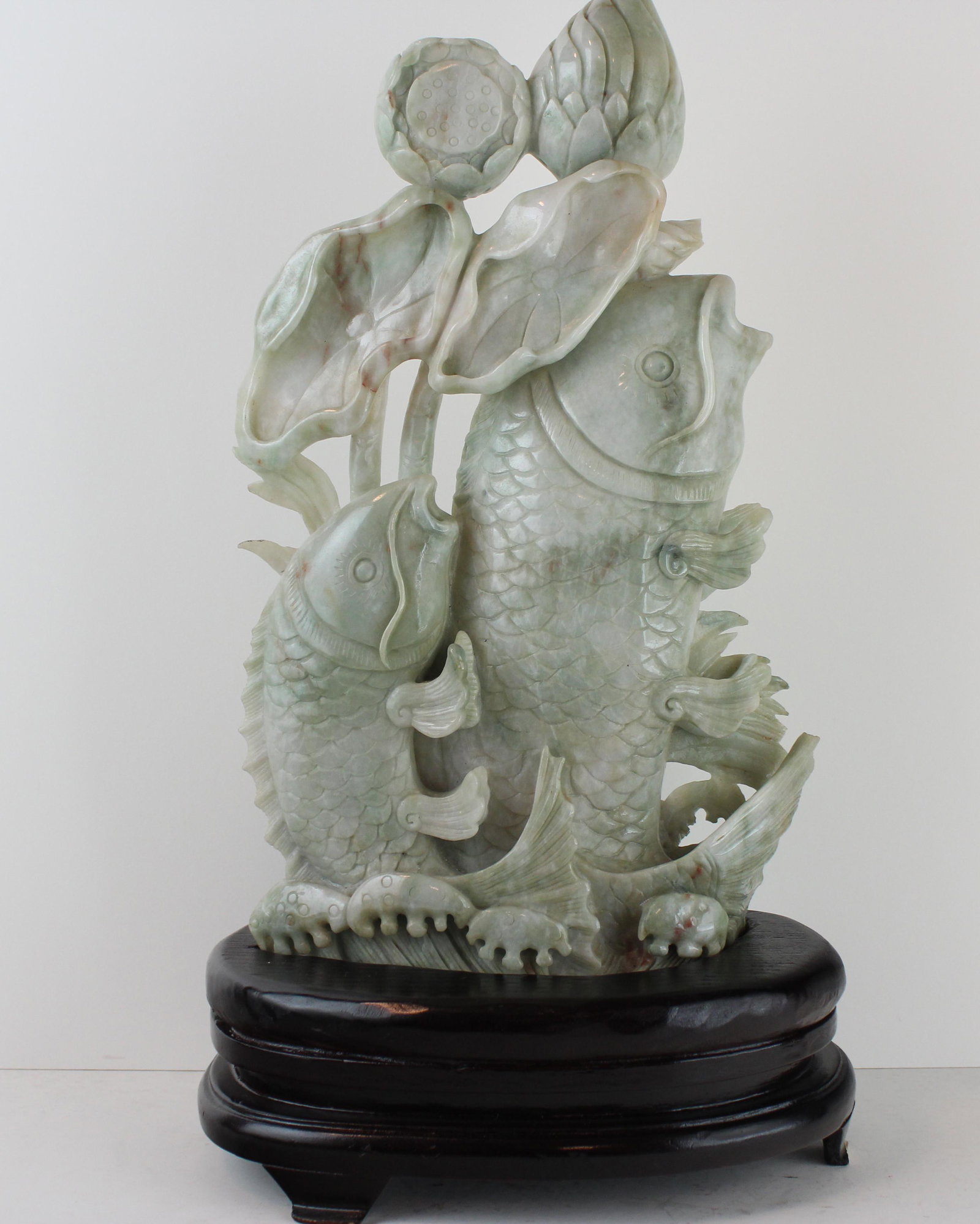 Multicolor Jadeite Fish Pair (shuang yu) Carving: Multicolor Chinese Jadeite Carp Pair (shuang yu) Carving. Two fish in a pair represent happiness in marriage, while the carp can symbolize an abundance of children, but mostly refers to shuang yu. Icy