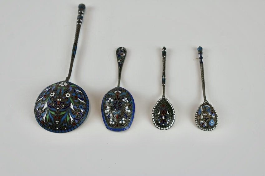 Sterling Silver Enamel Spoon Set (4 pcs.): Sterling Silver Enamel Spoon Set (4 pcs.). From Private Collector. Large Spoon: 7.25 x 2.25, smallest spoon: 4.25 x 0.75 inches