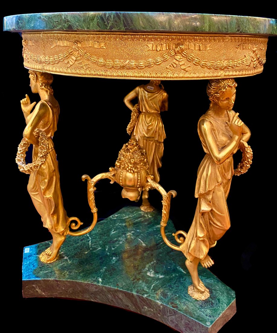 Louis XIV Style Marble and Bronze Table: Louis XIV Style Marble and Bronze Table. "Three Graces" round marble table . Highly detailed brass decoration. Green Marble. From Local Estate. Approximately 30.5 x 26 x 26 inches