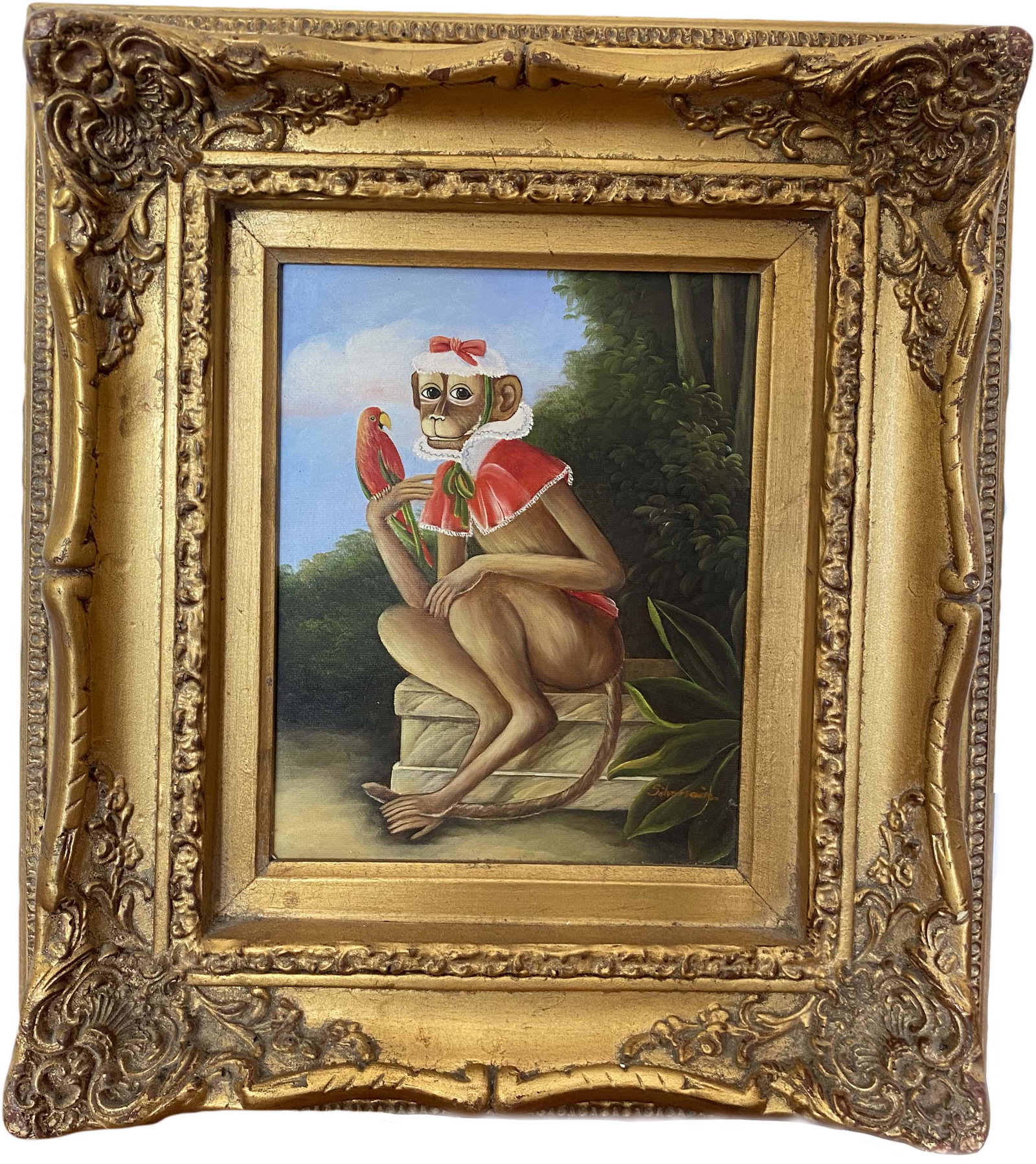 Framed Oil Painting of a Monkey Holding a Parrot: Framed Oil Painting of a Monkey Holding a Parrot. Depicting an effeminate monkey dressed with red, white and green, sitting atop a stone bench and posing towards the viewer. Perched atop the monkey's 