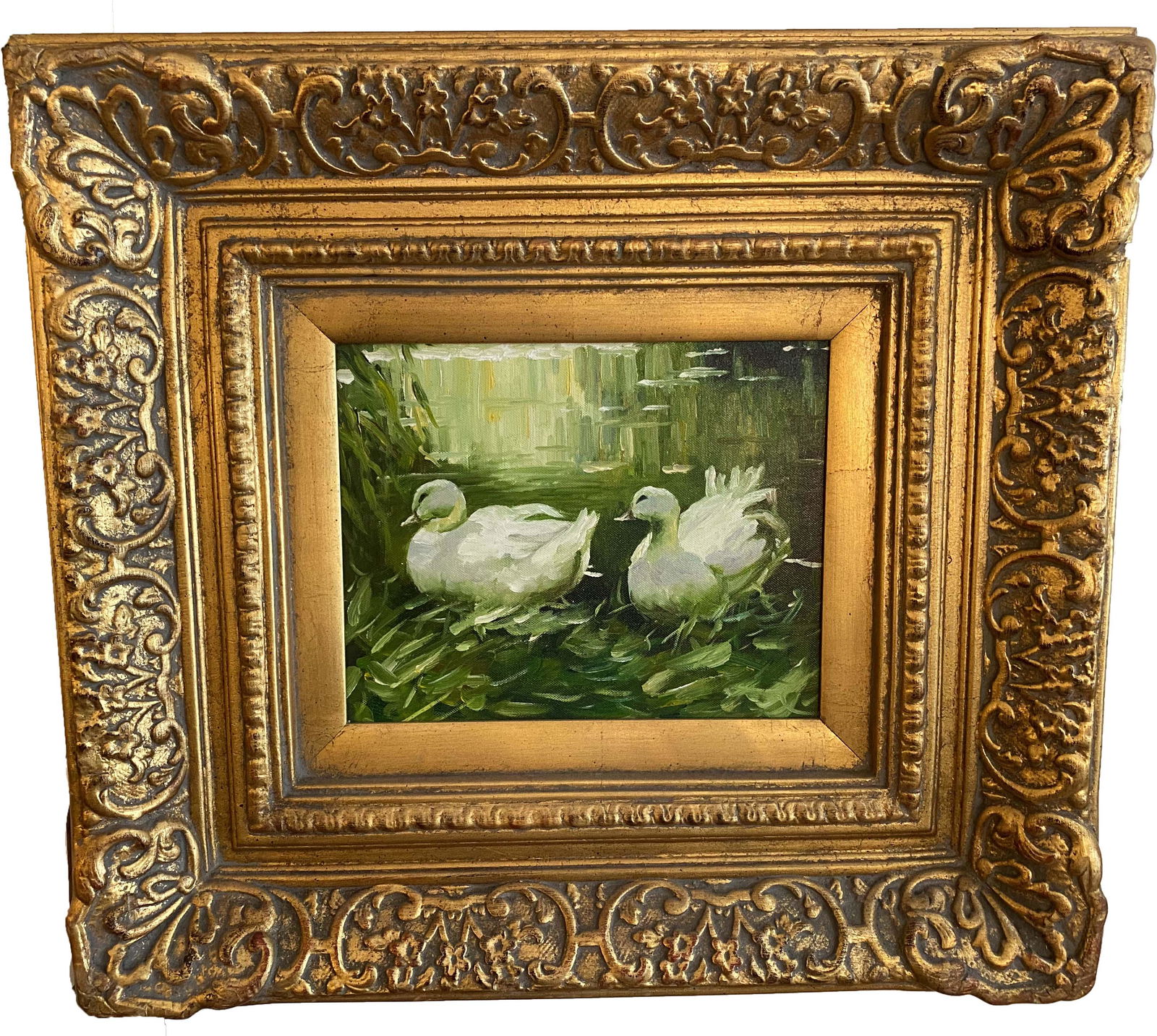 Oil Painting of Two Swans "Love" in a Gilt Wood Frame (1 of 3)
