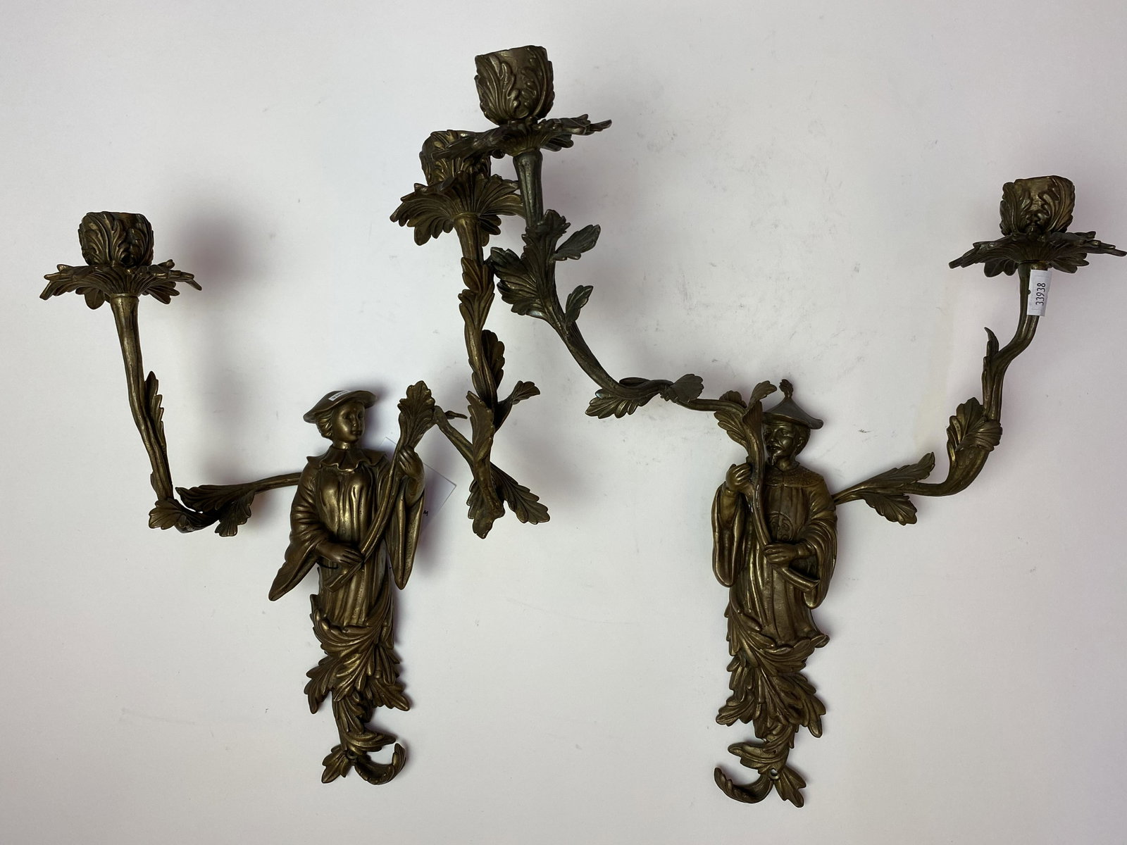 Pair of French Bronze Chinoiserie Wall Sconces: Pair of French Bronze Chinoiserie Wall Sconces From Private Collection Approximately; Woman 13" x 9.5" x 5.5", man 14" x 13" x 8.5"
