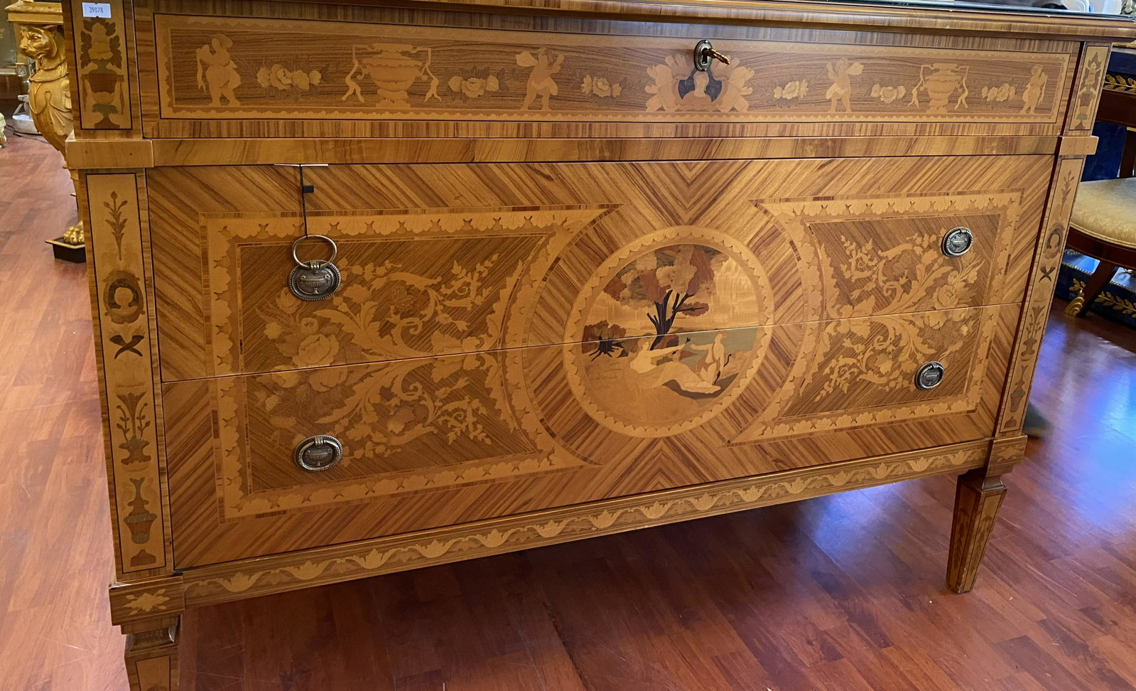 Marquetry Inlaid Wood Maggiolini Dresser: Marquetry Inlaid Wood Maggiolini Dresser. Handcrafted in a small artisan shop in Italy. Top drawer with lock and 2 additional drawers. From Local Estate. Approximately 37 x 52 x 23 inches