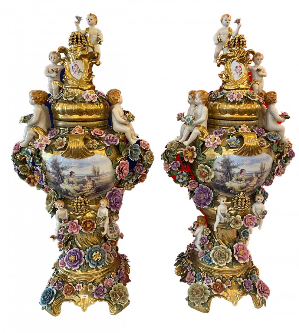 Pair of Hand Painted Porcelain "Cherub" Vases (1 of 9)