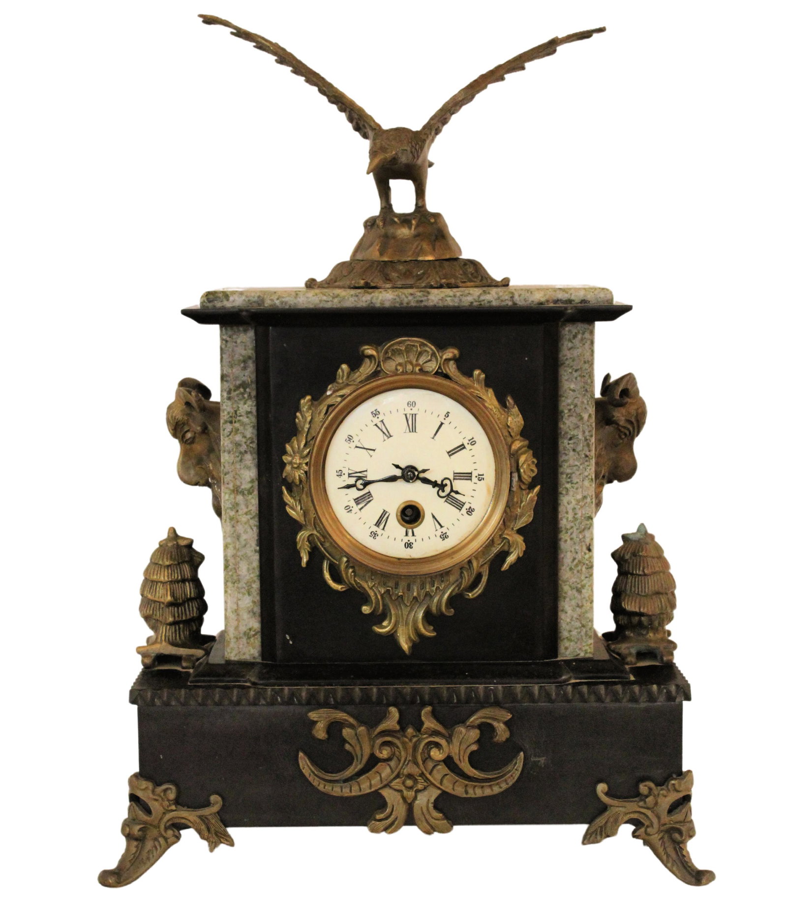 French Empire Revival Style Marble and Ormolu Mantel: French Empire Revival Style Marble and Ormolu Mantel Clock. Adorned with an eagle with spread wings and two rams' heads From Hillsborough Estate Approximately 16 x 11 x 5.5 inches