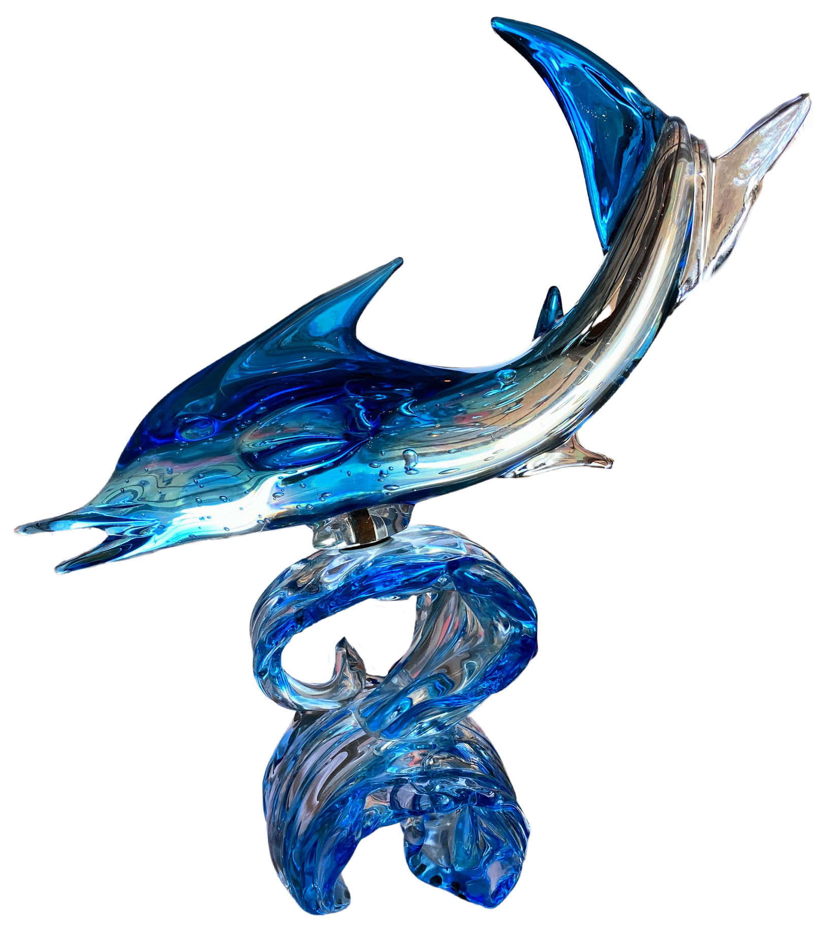 "Spada" Murano Glass Sculpture by Sergio Costantini: Italian blown glass sculpture of a dolphin on top of a wave, hand blown and crafted from clear and blue Murano glass by Sergio Constantini. Signed. Made in Italy in the 1960â€™s. The clear bottom