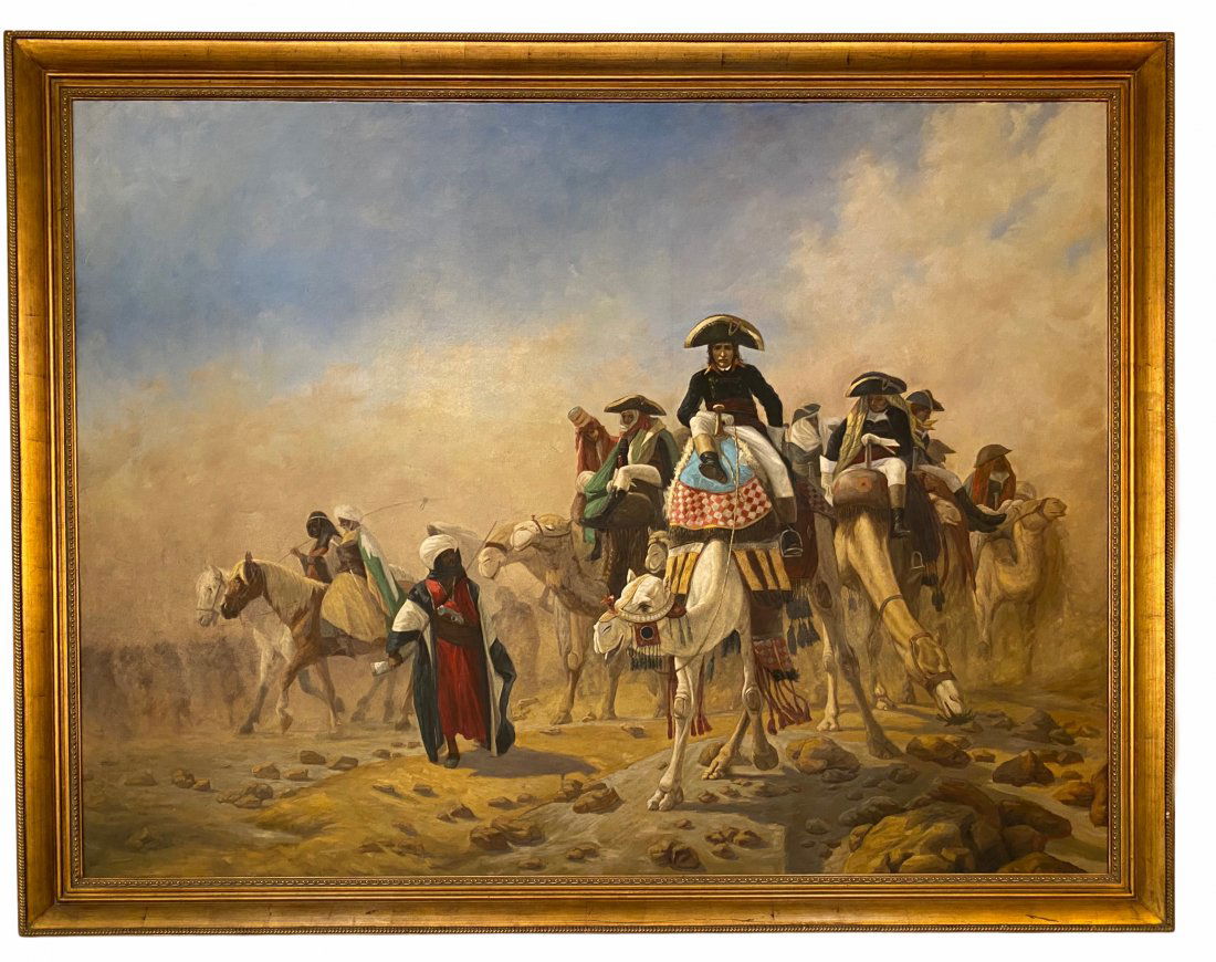 Large Oil Painting "Naploean and His Staff in Egypt": Signed Oil Painting after "Napolean and his Staff in Egypt" original painting by Jean Leon Gerome. From Local Estate Approximately 68 x 86 inches
