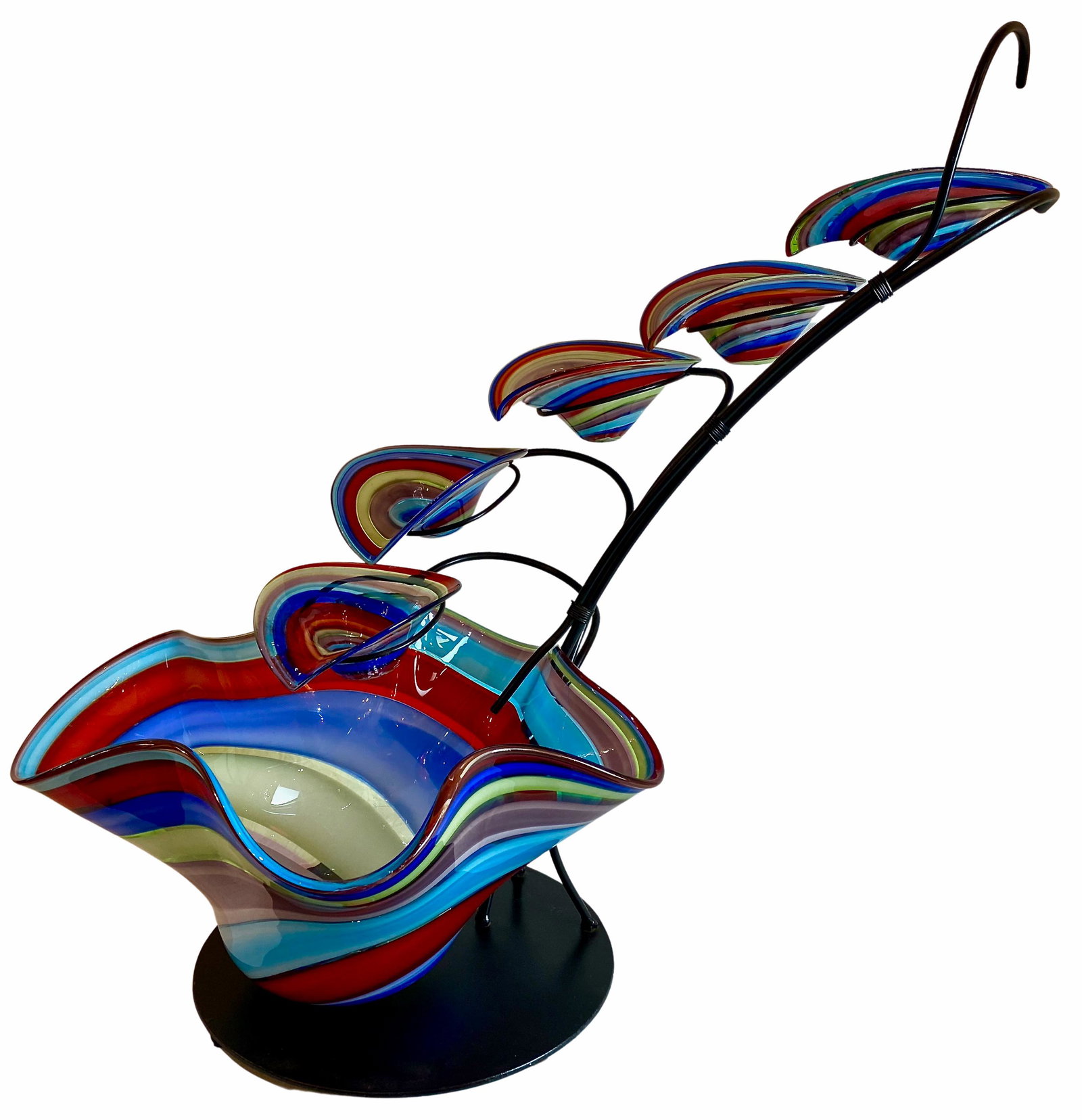 Murano Glass 6-Tier Multicolor Fountain: Murano Glass 6-Tier Multicolor Fountain.5 smaller multicolor rainbow hand blown glass bowls spill into a larger variatioon of the same bowls. Includes pump Approx. H30" x W32" x D18.5" inches
