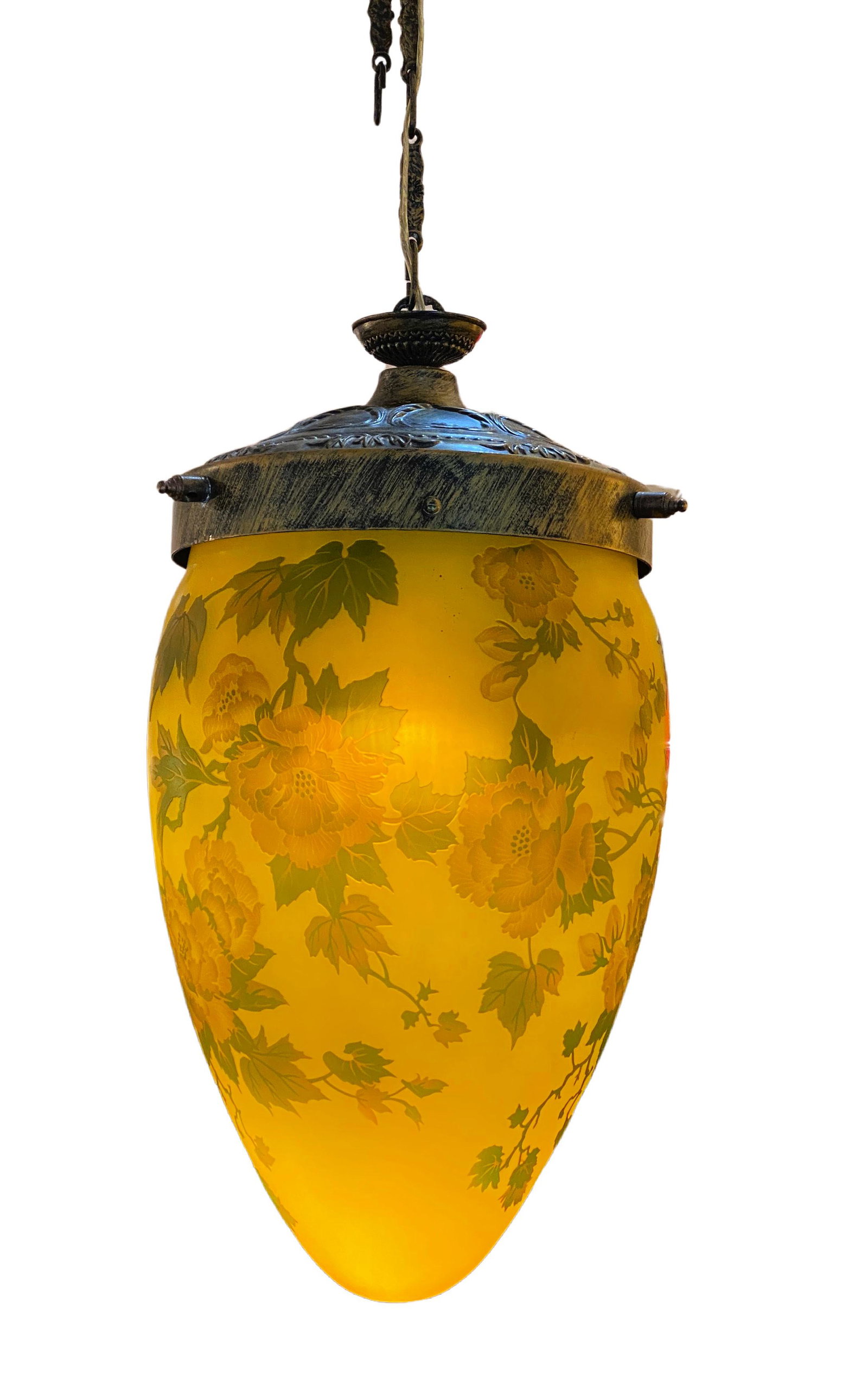 French Art Nouveau Etched Glass Pendant Lamp: French Art Nouveau Etched Glass Pendant Lamp. Iron mounting with golden yellow cameo glass with floral motif of orange and green flowers. Signed Galle (cameo). 24" H x 14" Diameter