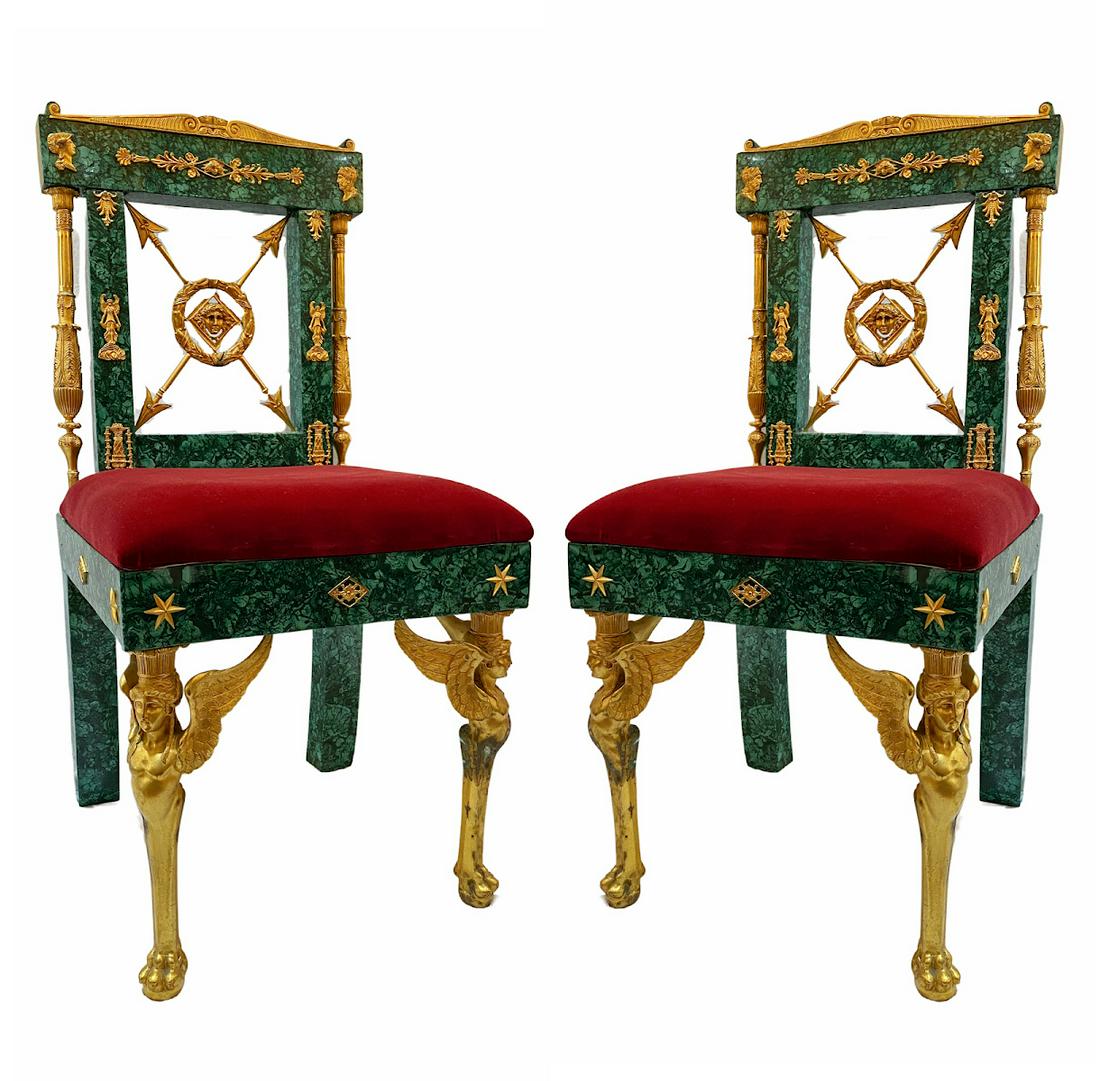 Pair of French Ormolu Mounted Malachite Chairs: Ormolu Mounted Malachite Chairs with deep red velvet upholstered seats and Griffin legs. From Hillsborough Estate Approximately 35.5 x 16 x 17 inches
