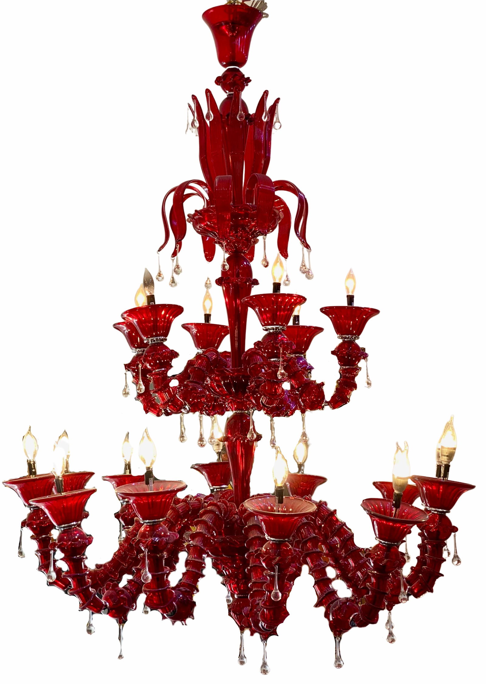 Murano Glass Garnet Red Chandelier 18 Lights: Murano Glass Garnet Red Chandelier 18 Lights From Gallery Liquidation Approx 60 x 48 inches