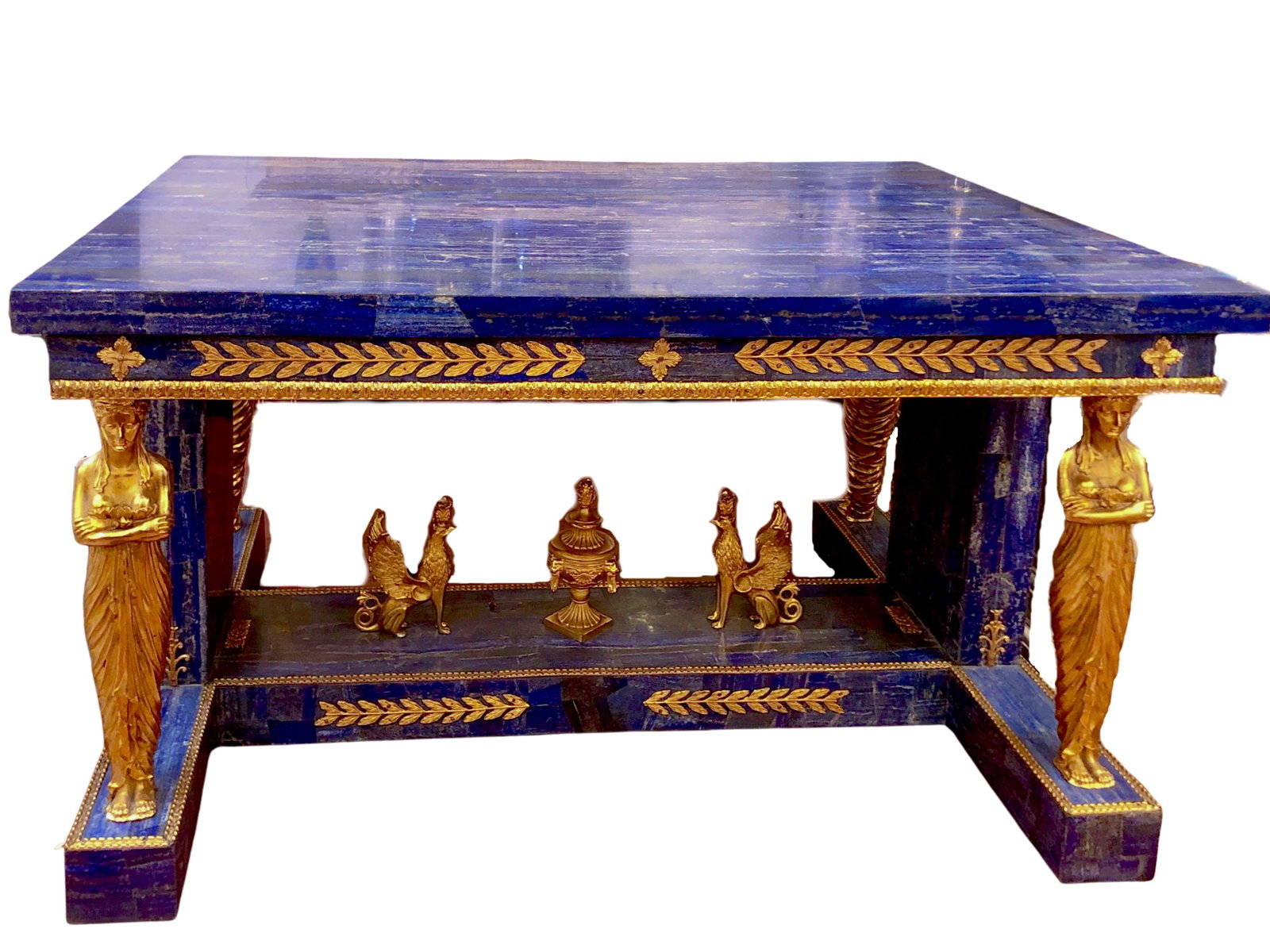 French Empire Lapis Lazuli Table with Gilt Bronze: French Empire style table, lapis lazuli veneer embellished with gilt bronze "Ormolu" classical Greco Roman style female caryatids, trestle form, the center trestle has a center bronze urn flanked by t
