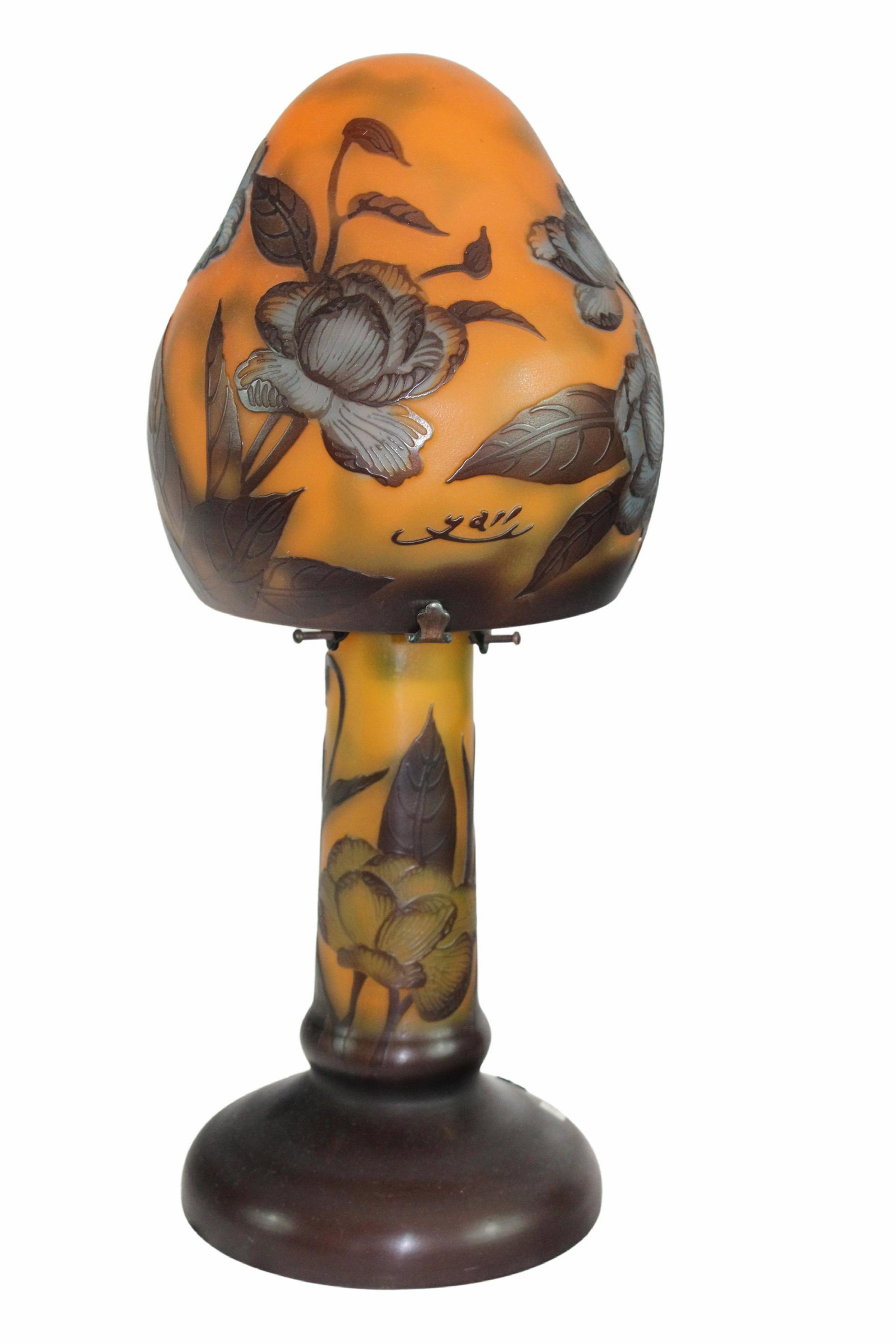 French Art Nouveau Etched Glass Lamp: French Art Nouveau Etched Glass Lamp. Orange cameo glass with brown and blue foliage and flowers.Signed Galle (cameo). Approximately 15" H x 7" W x 7" D, Weight 3 lbs