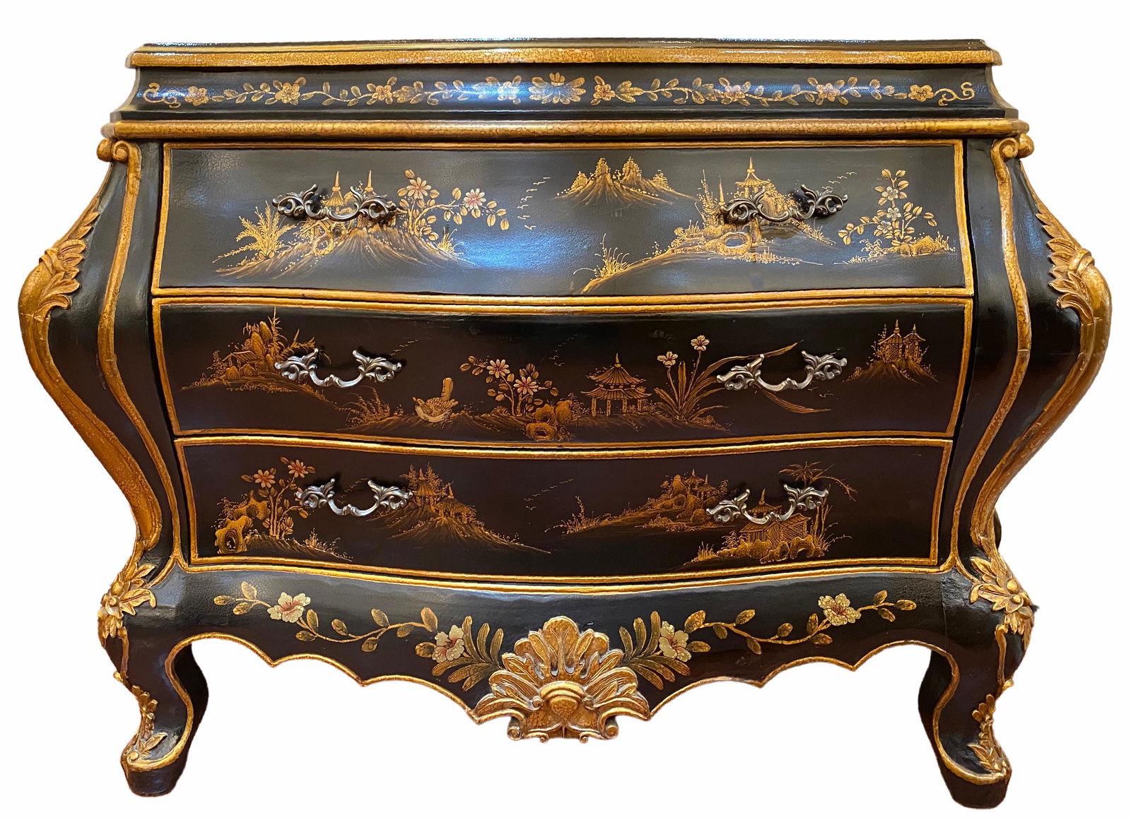 Ebonized Chinoiserie Black Bombe Commode Chest (1 of 4)