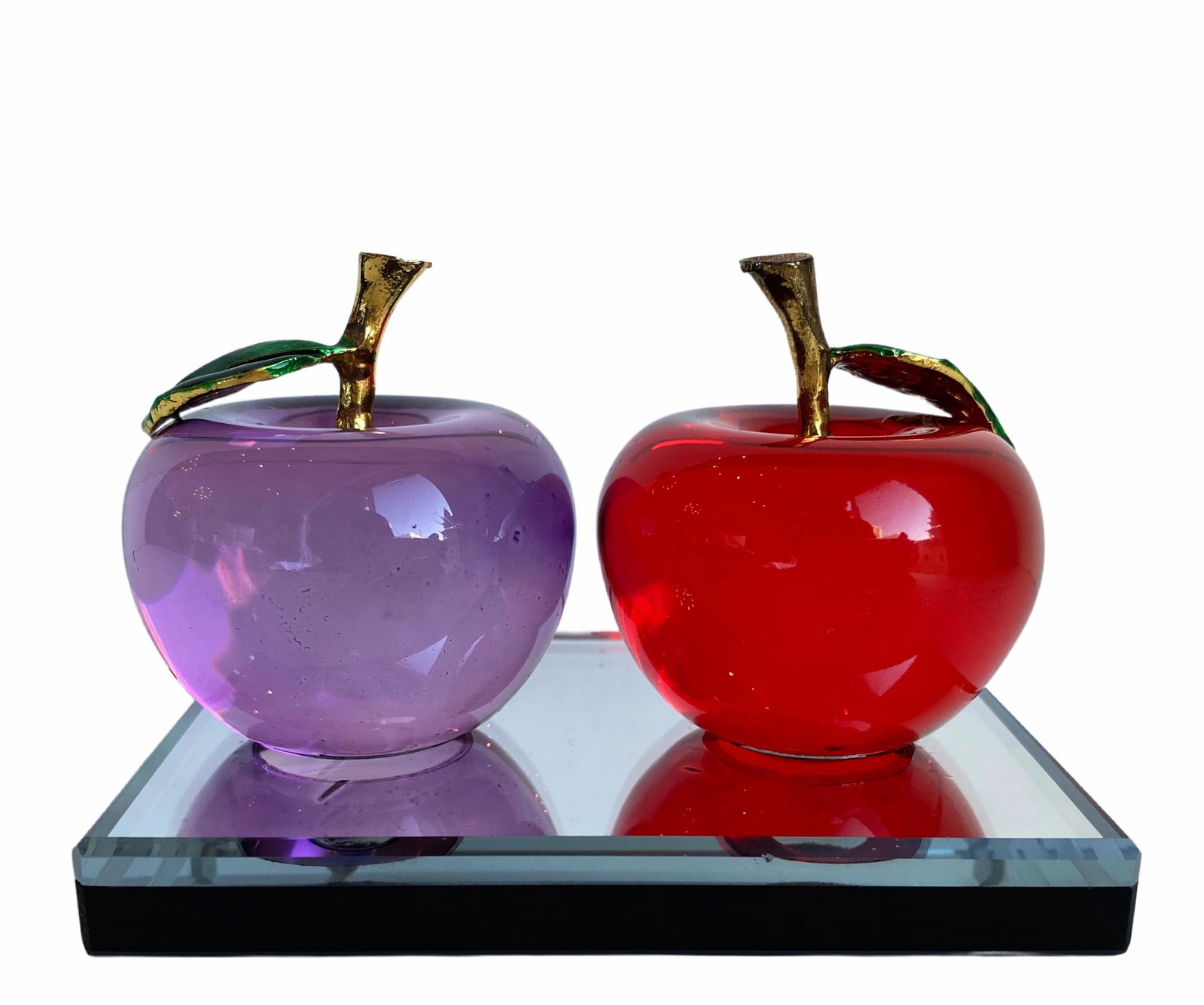 Hand Cut Crystal Apples on a Mirrored Base: Hand Cut Crystal Apples on a Mirrored Base H2.5" x W4" x D2.75" inches