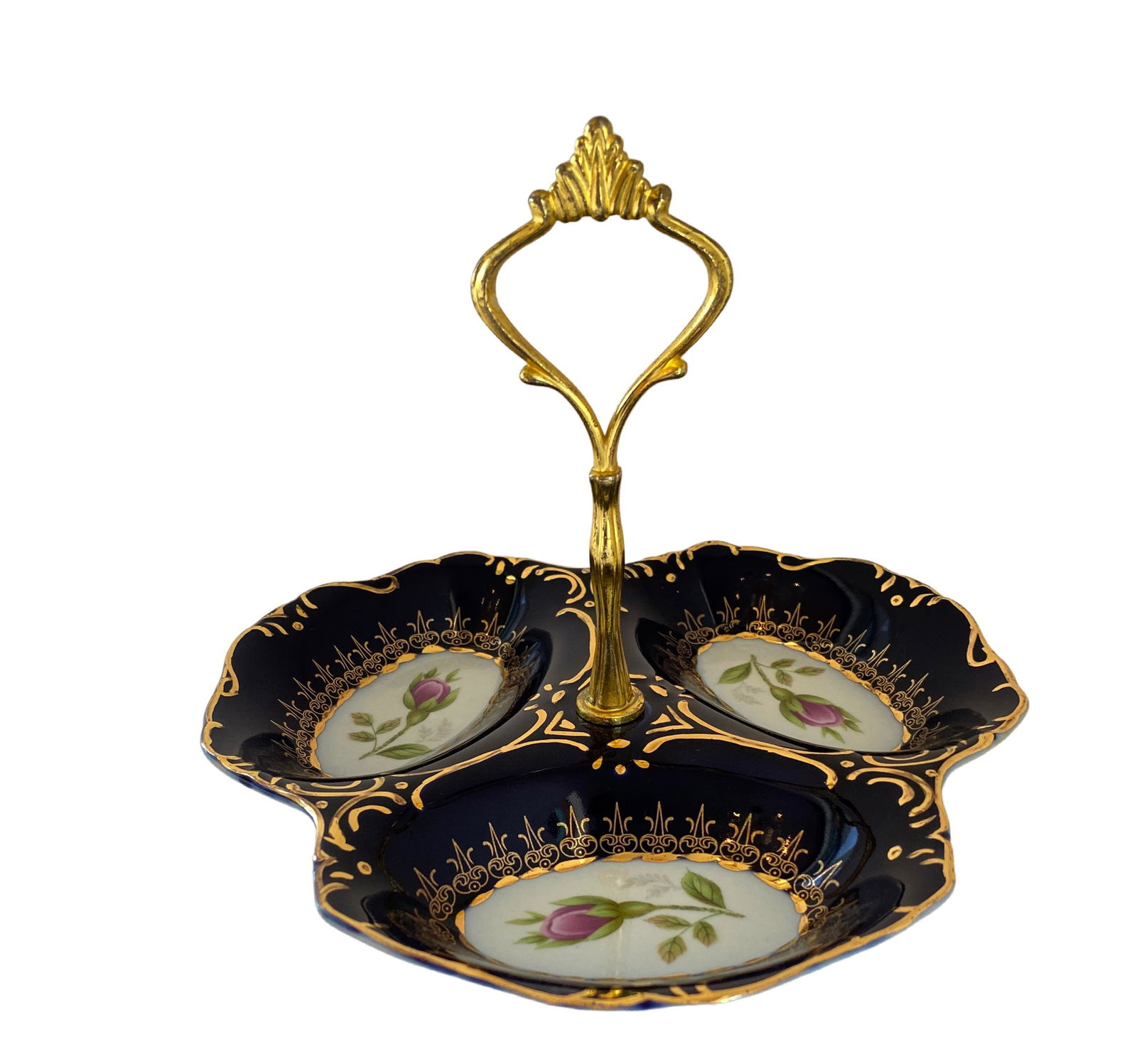 Cobalt and Gold Hand Painted Porcelain 3 Section (1 of 4)