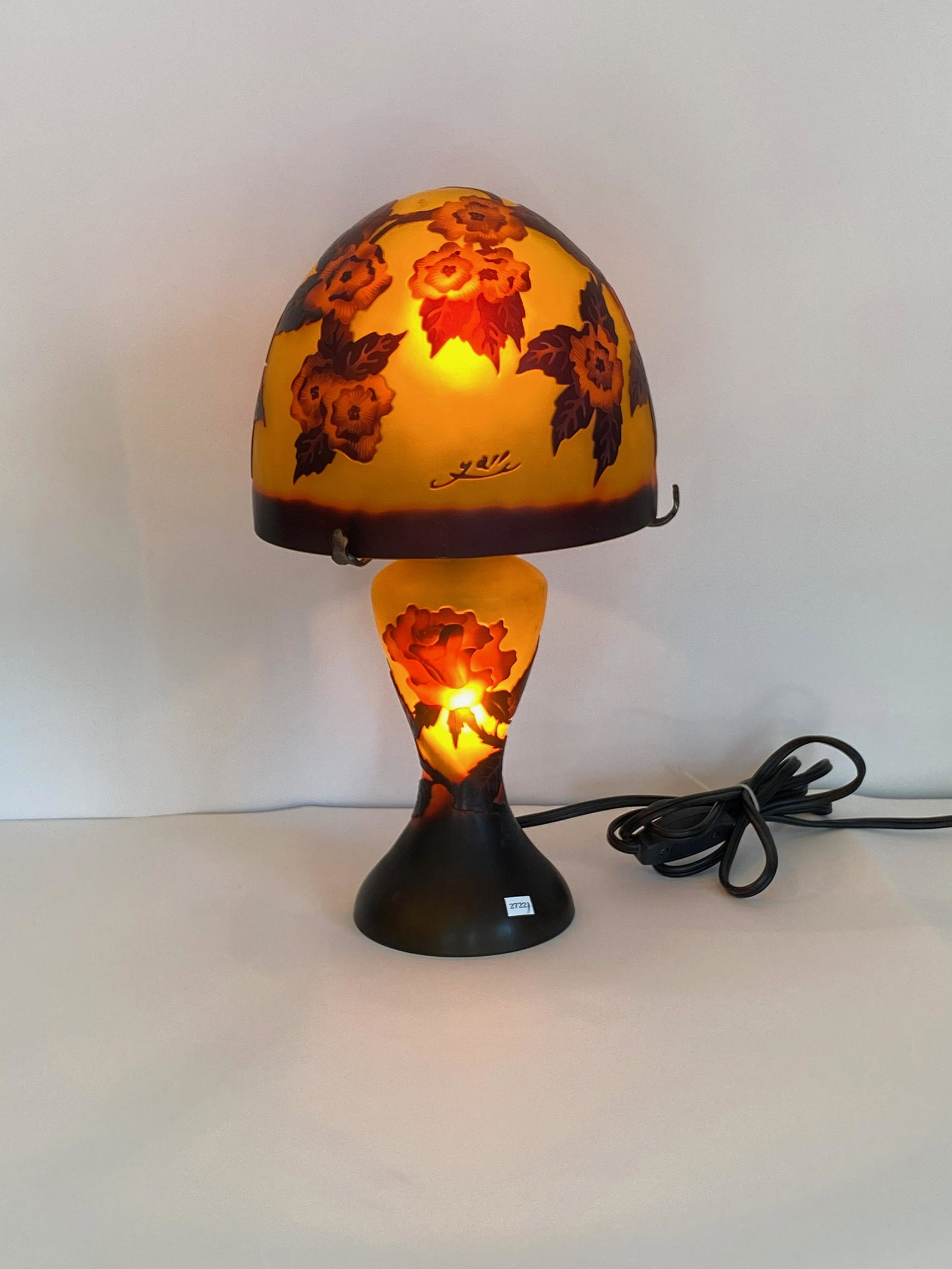 French Art Nouveau Etched Glass Lamp: French Art Nouveau Etched Glass Lamp. Orange cameo glass with brown and dark orange foliage and flowers.Signed Galle (cameo). Approximately 14" H x 8" W x 8" D