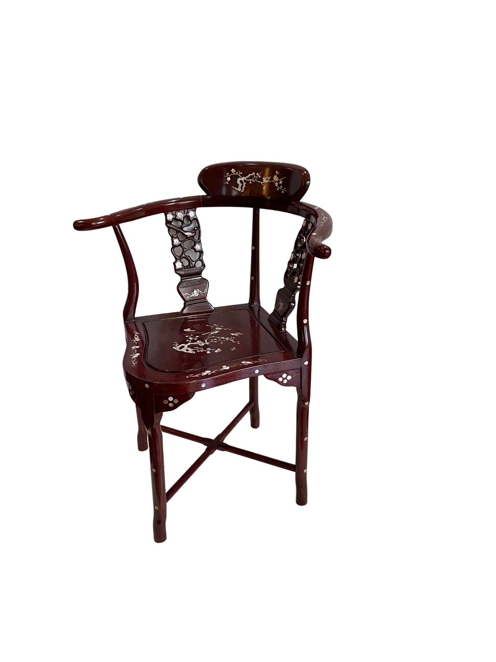 Rosewood Corner Chair Inlaid with Mother of Pearl: Rosewood Corner Chair Inlaid with Mother of Pearl Approximate Dimensions: 33.5"H x 26.5"W x 22.5"D