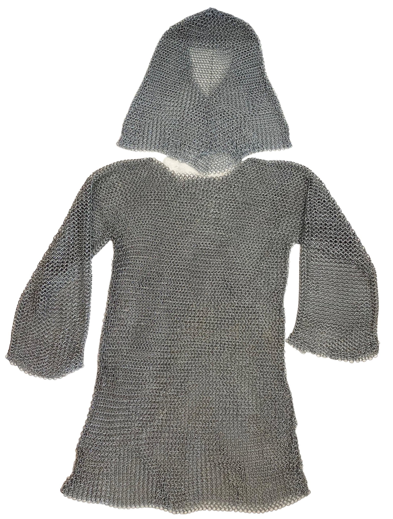 Chainmail Tunic and Coif: Chainmail Tunic and Coif (headcovering). M ade from 16 gauge mild steel in a natural finish. The round wire rings have a 12 millimeter diameter. They form a 4-in-1 pattern weave. A 4-in-1 pattern cons