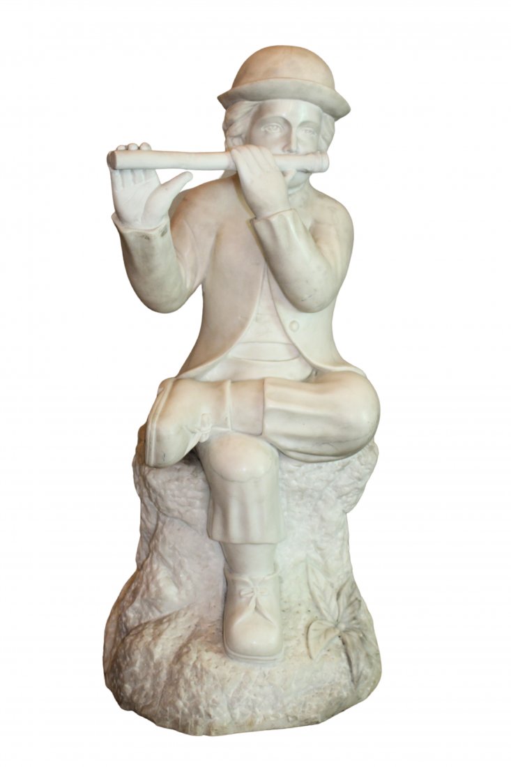 Calcutta Marble Statue of a Young Boy with a Flute: Calcutta Marble Statue of a Young Boy with a Flute Approx 32 x 14 x 13 in