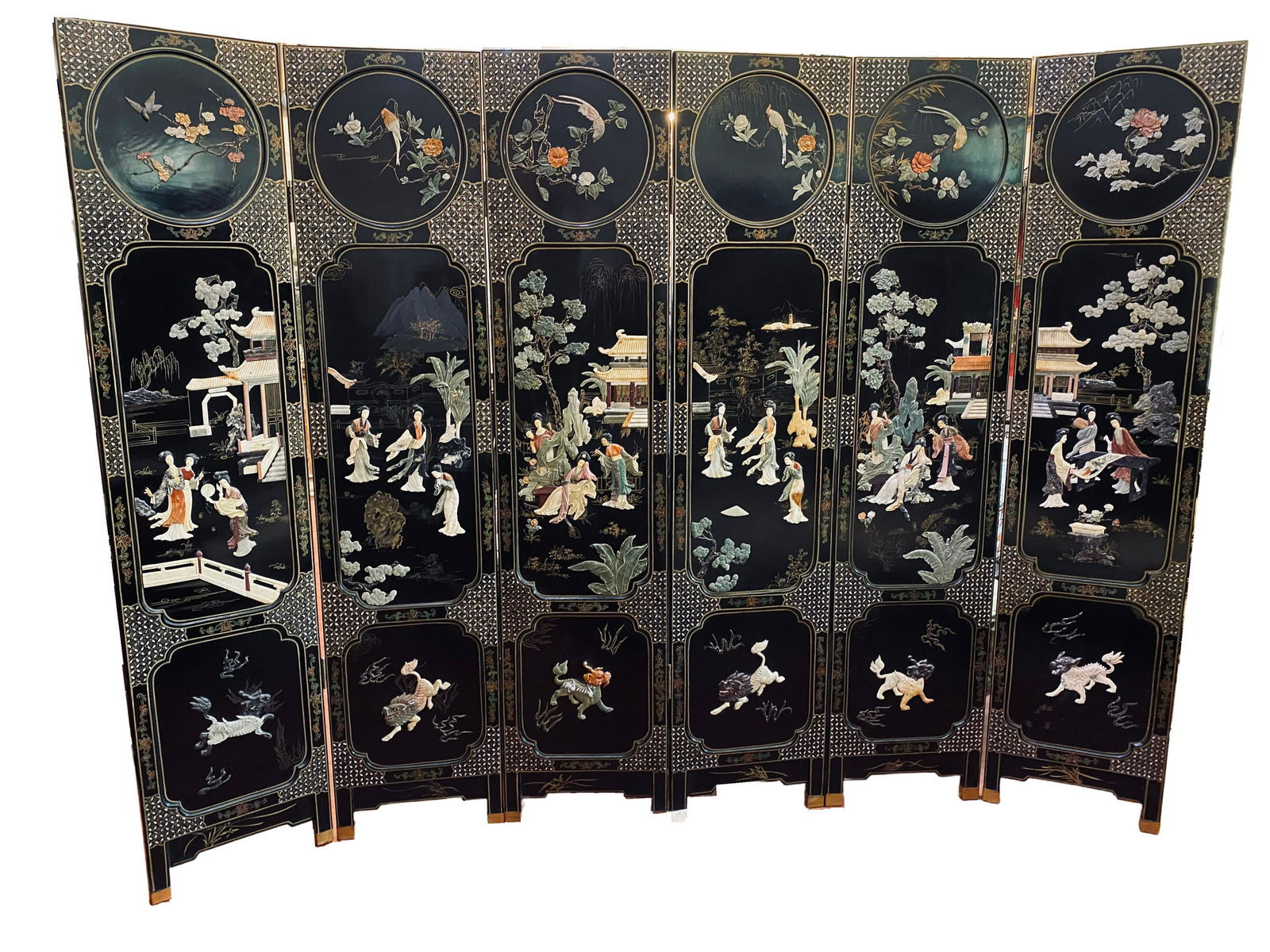 Six-Panel Chinese Lacquered and Jade Hardstone Screen (1 of 16)
