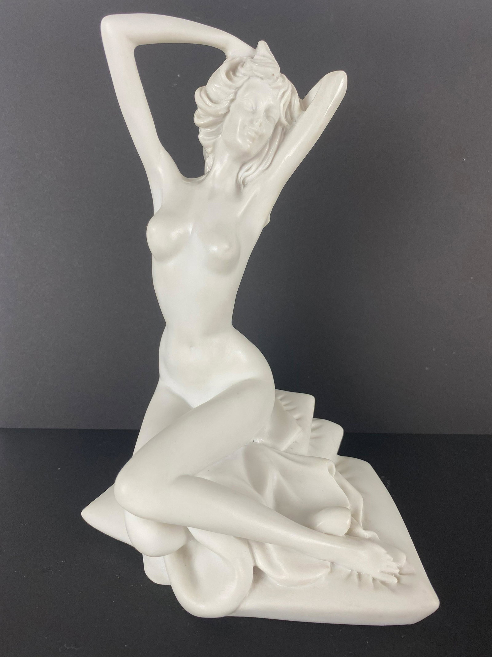 Pure White Stone Figurine of a Nude Lady Lounging on: Pure White Stone Figurine of a Nude Lady Lounging on Pillows Approximate Dimensions 9"H x 6"W x 6"D