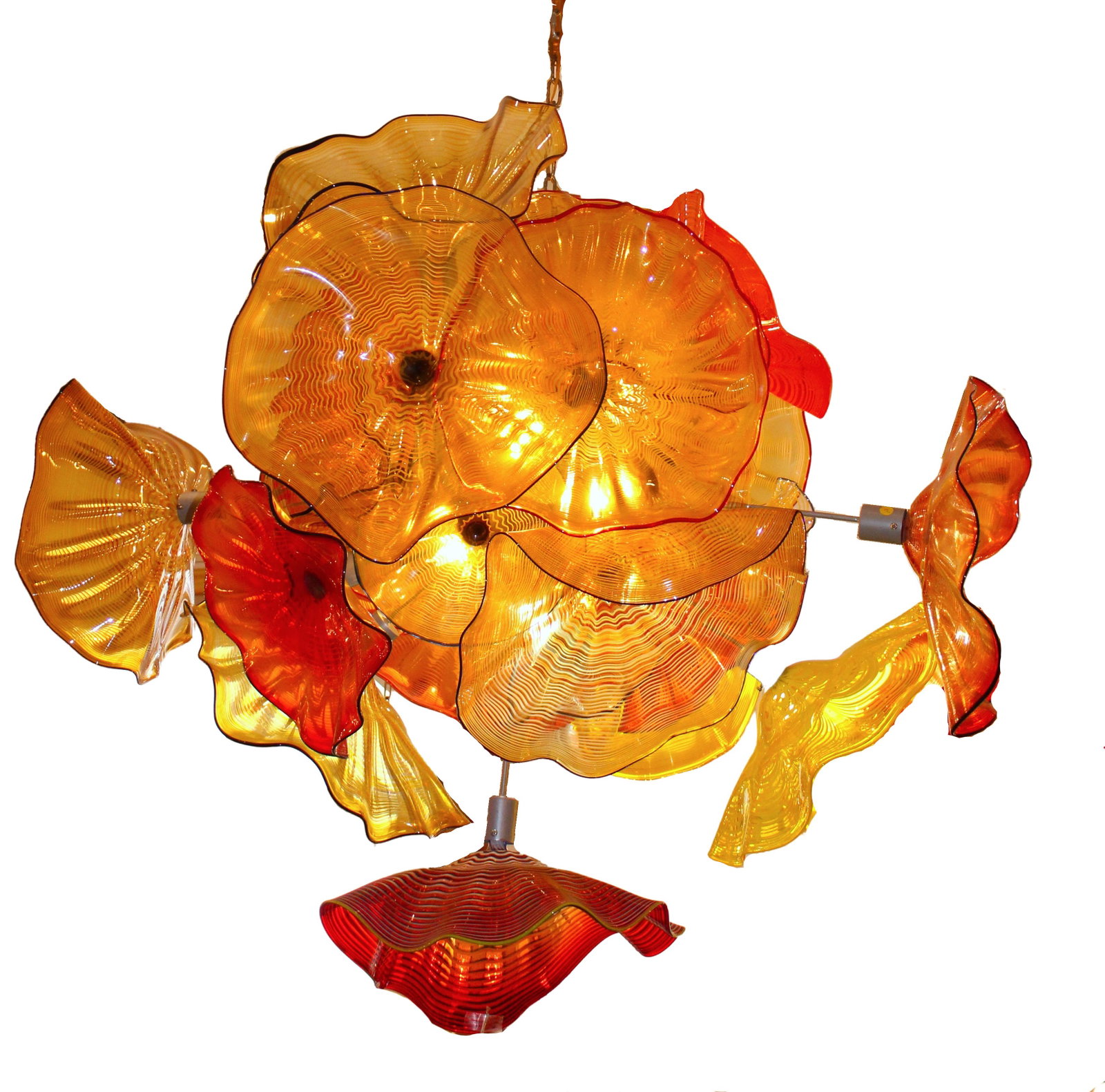 Modern Contemporary Hand Blown Multicolor Glass: A modern, contemporary hand blown multicolor glass chandelier Approx 55 x 48 x 48 in