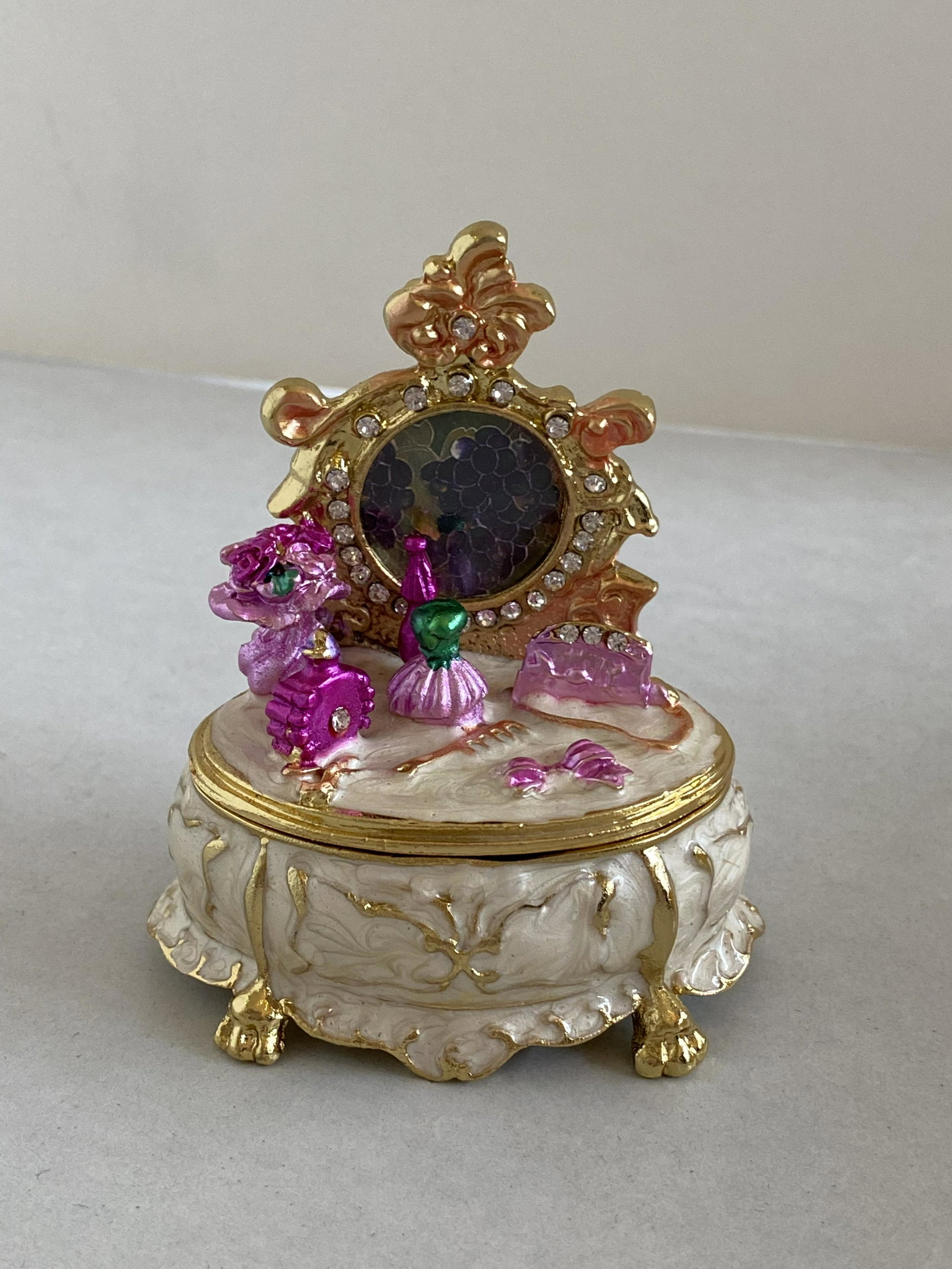 Crystal and Enamel Vanity Trinket Box: Crystal and Enamel Vanity Trinket Box. Picture can be switched out. 3"H x 2.5"W x 2"D