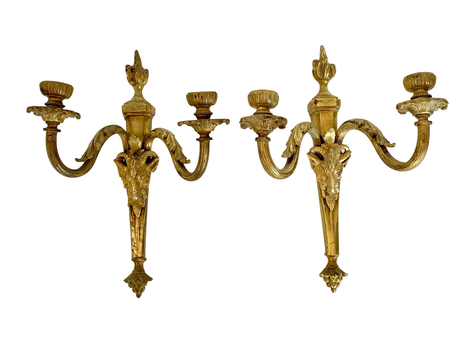 PAIR OF 19 CENTURY FRENCH WALL SCONCES.: PAIR OF 19 CENTURY FRENCH WALL SCONCES. In finely chiseled bronze, the shaft is decorated with a ram's head, flame finial and grapes. They have two "S" shaped sconces decorated with acanthus leaves. A