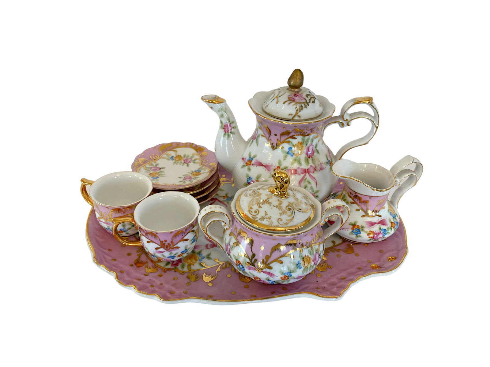 Hand painted Pink Tea Set for Two: Hand painted Pink Tea Set for Two. Includes Tea Pot, Creamer, Sugar Bowl, 2 cups with Saucers and 2 plates on a cute tray. Precious vintage set.