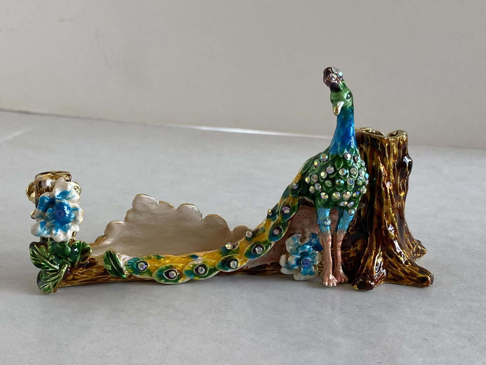 Crystal and Enamel Peacock Card and Pen Holder: Crystal and Enamel Peacock Card and Pen Holder<2.75"H x 5"L x 1.75"D
